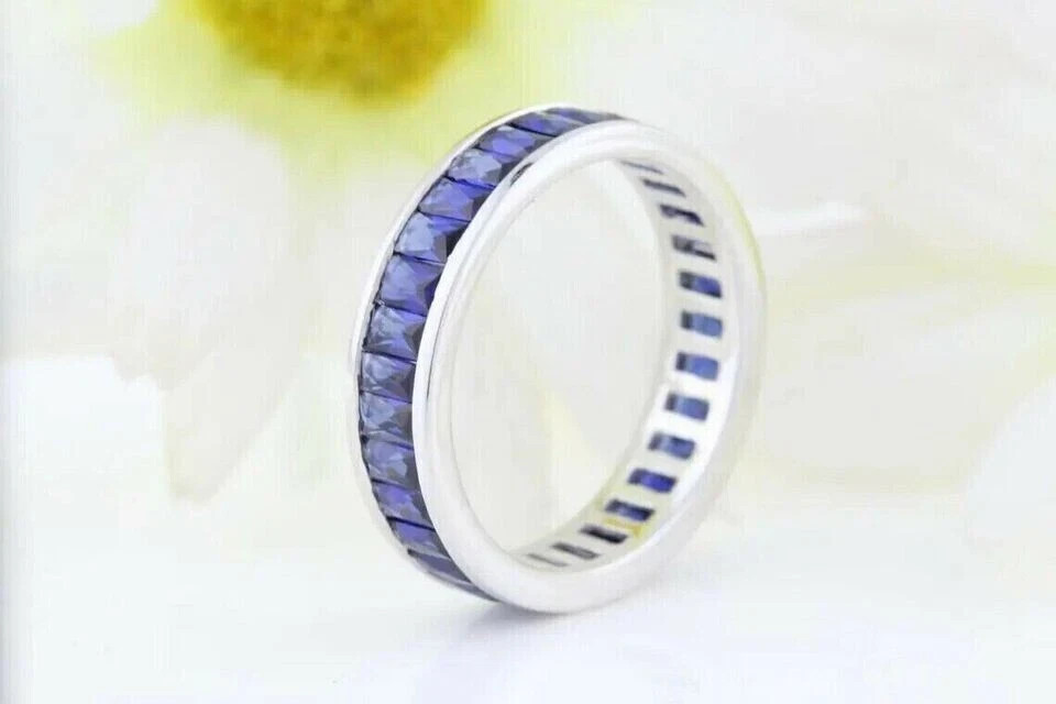 14K White Gold Plated Lab-Created Blue Sapphire Men Wedding Eternity Band 2Ct