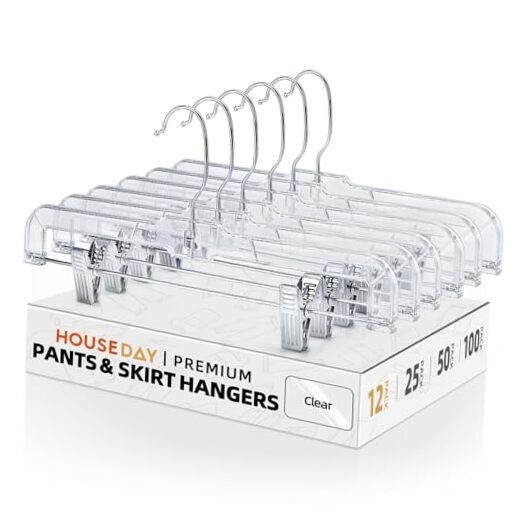 12 Pack 14 inch Clear Plastic Skirt Hangers with Adjustable Clips, Pants 12PC