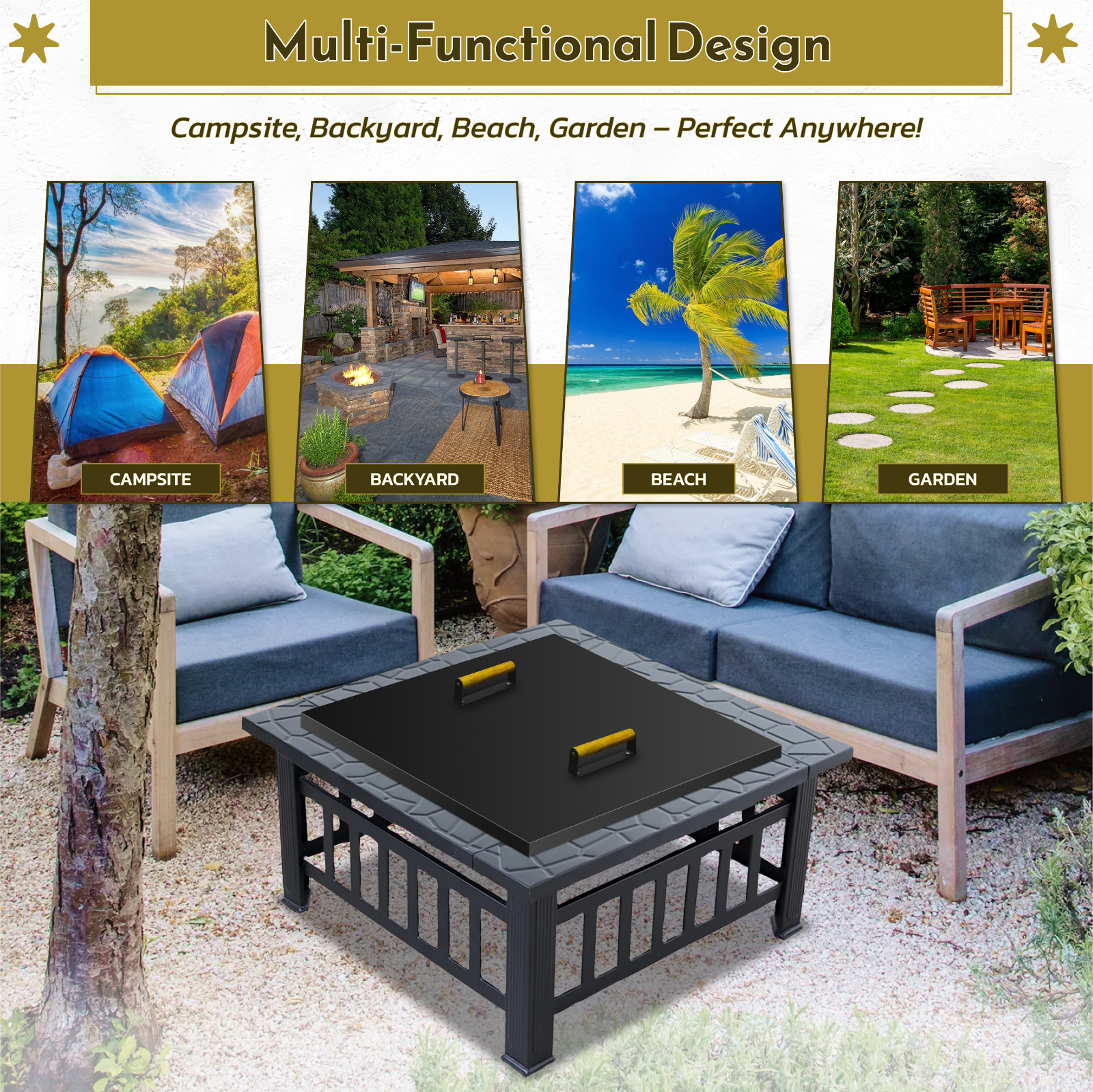 FEBTECH 30" Square Fire Pit Snuffer Lid for 28" FirePit with Wooden Handles