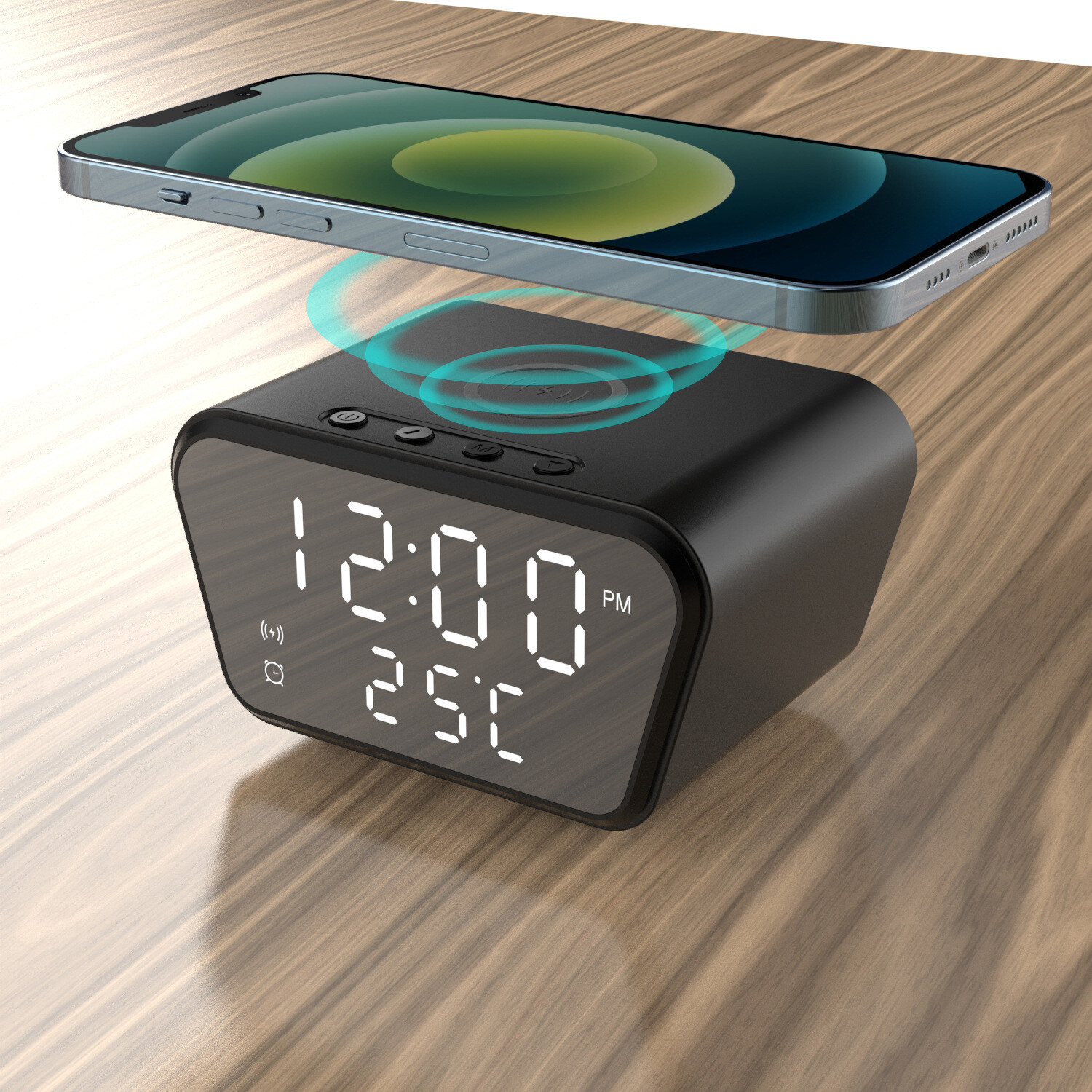 Smart Alarm Clock with 15W Wireless Charger, Date/Temp LED Display