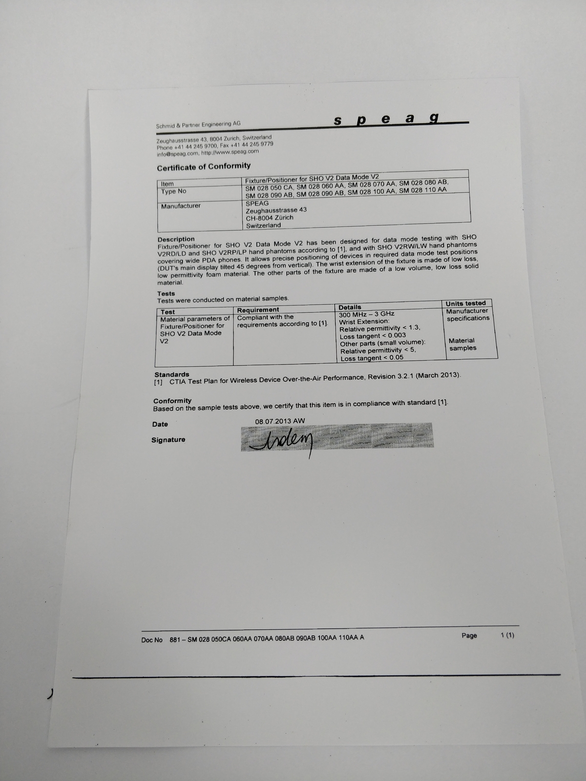 Schmid & Partner Engineering SHO V2 Fixture Data Mode V2