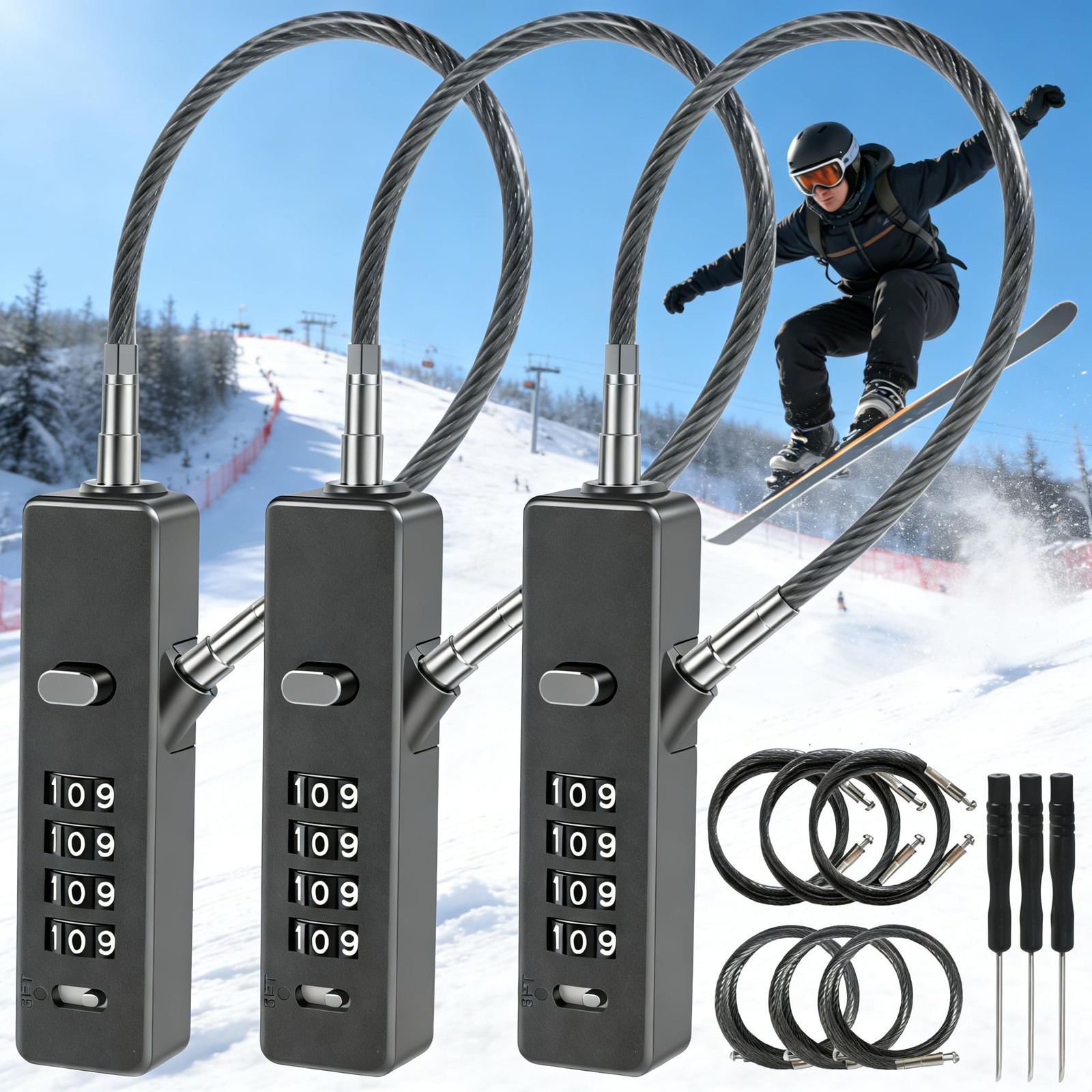 Tksdwblty 3Pack Wire Padlock Snowboard Lock Combination Cable Lock 4-Digit Ski