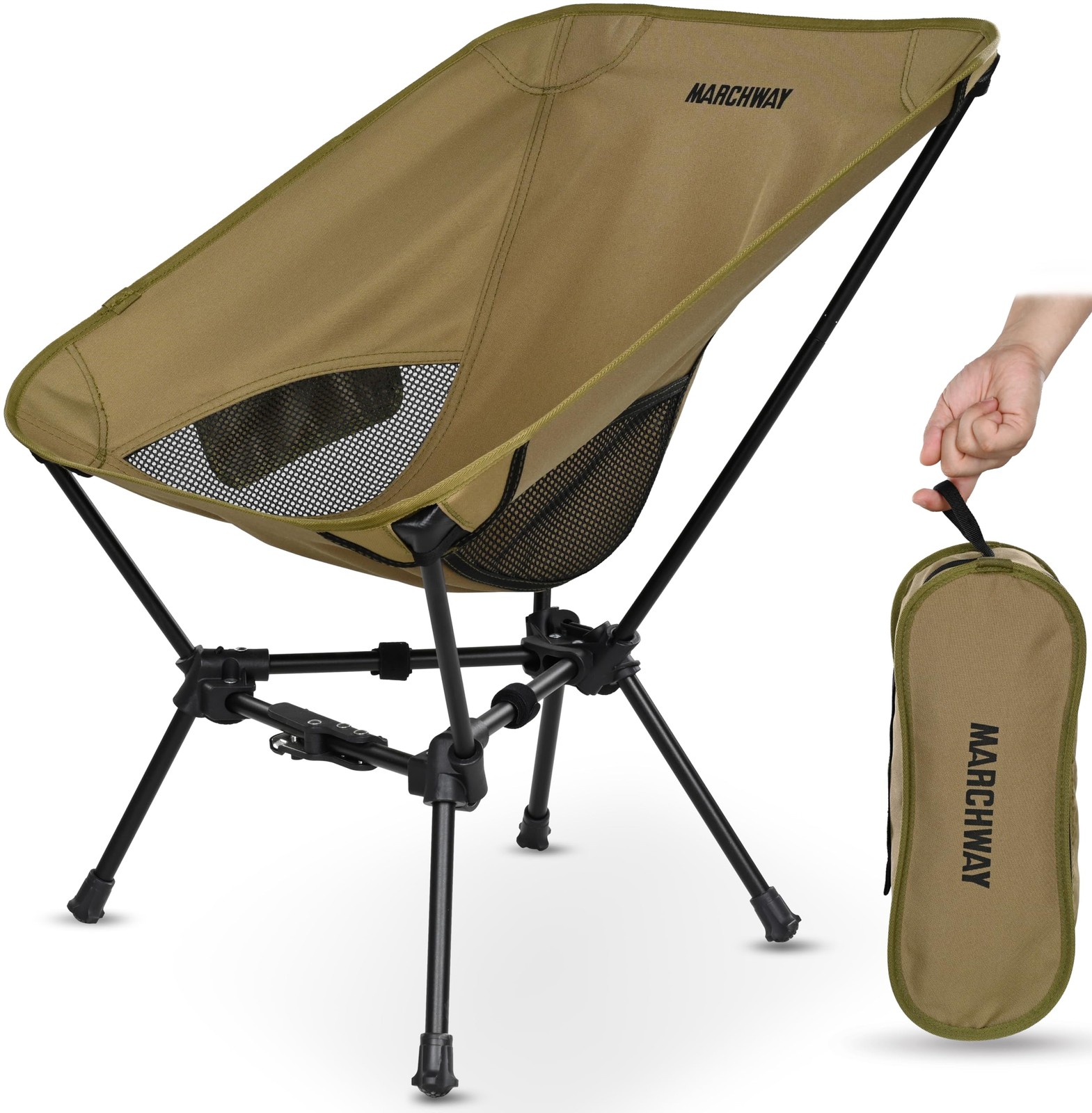 MARCHWAY Lightweight Folding Camping Chair, Portable Outdoor Low Back Khaki