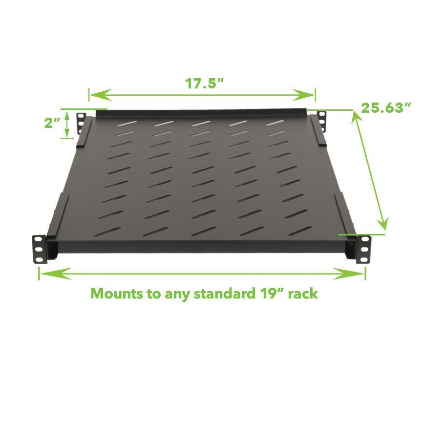 1U 19" Black 4-Post Vented Fixed Server Shelf Rack Mount, Adjustable 16in - 37in
