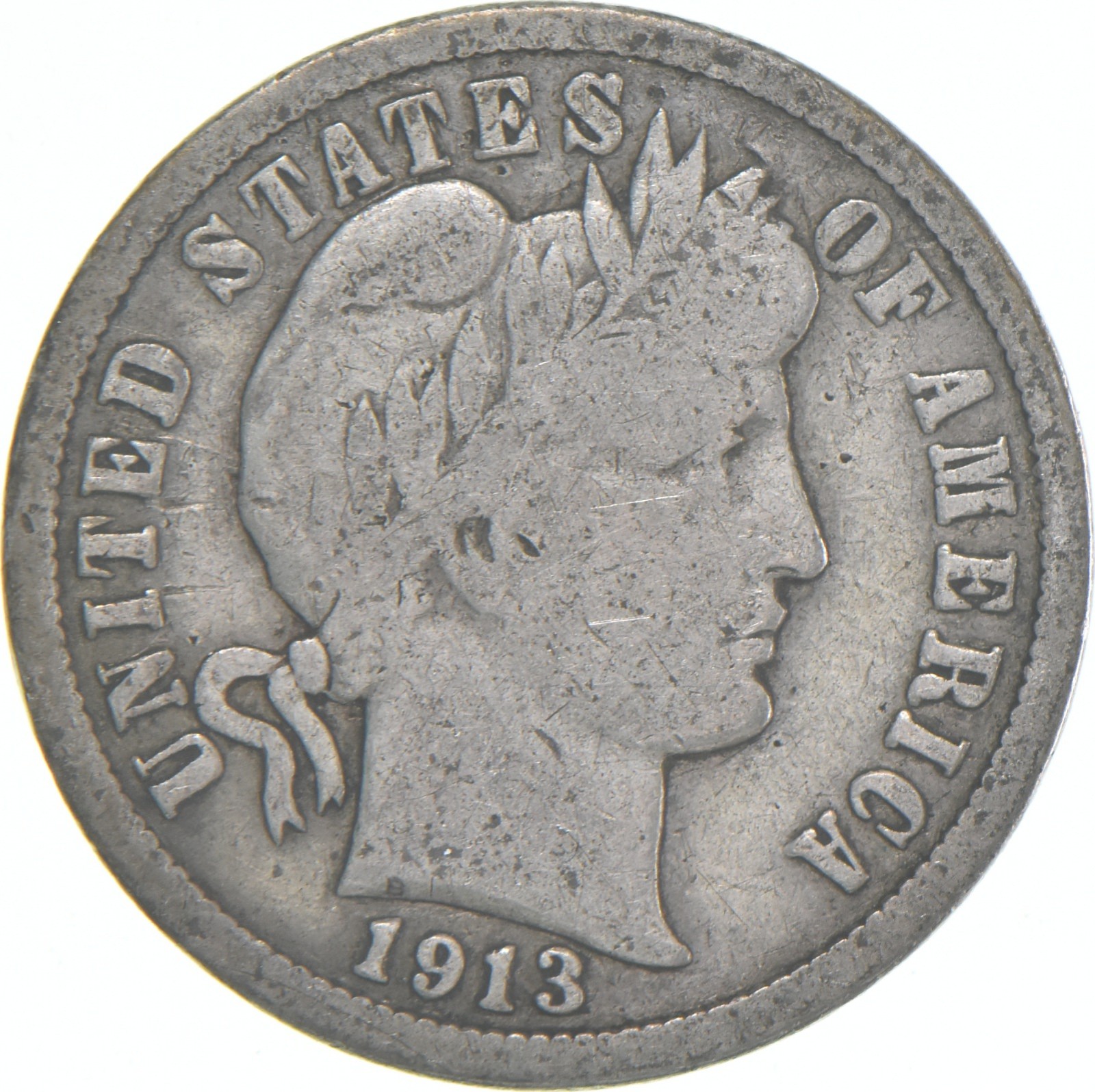 1913-P Barber Dime 90% Silver Average Circ