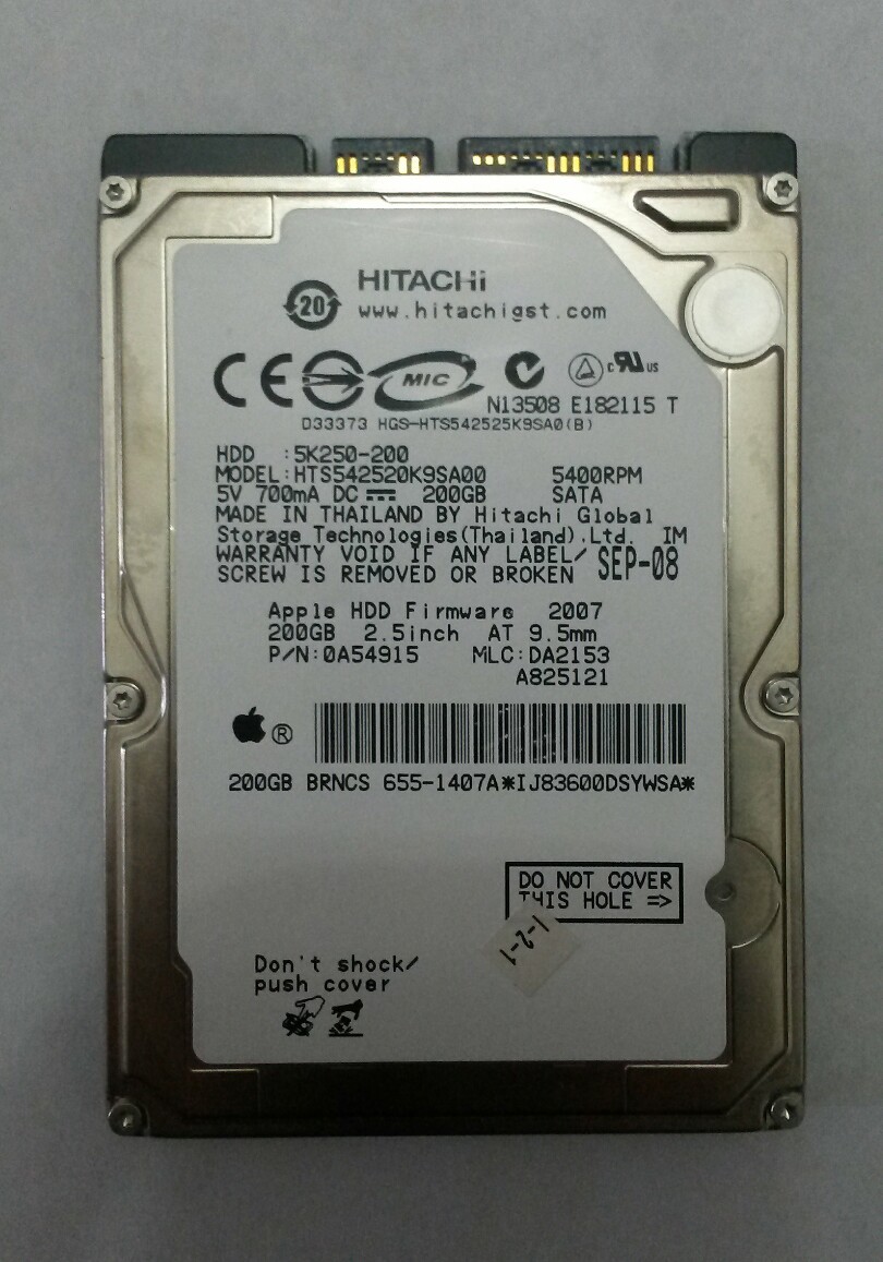 HITACHI HTS542520K9SA00 200GB SATA 5400 RPM P/N:0A54915 MLC:DA2153 F/W:2007