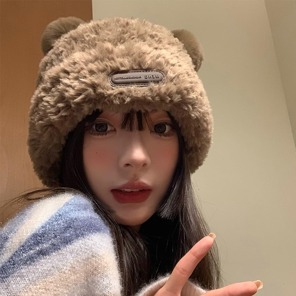 Y2K Beanie Hat for Women Cute Fuzzy Bear Ear Beanie Hat Furry Slouchy Faux Fu...