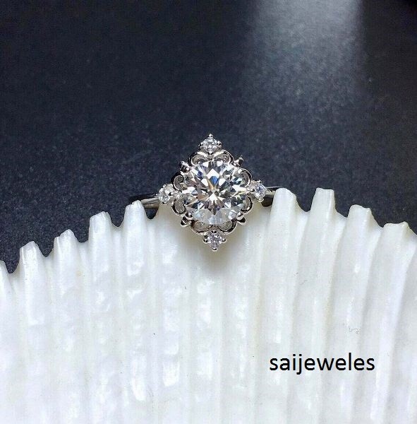 Lab-Created Flower Engagement Ring 2.28CT Round Cut Diamond 14K White Gold Over
