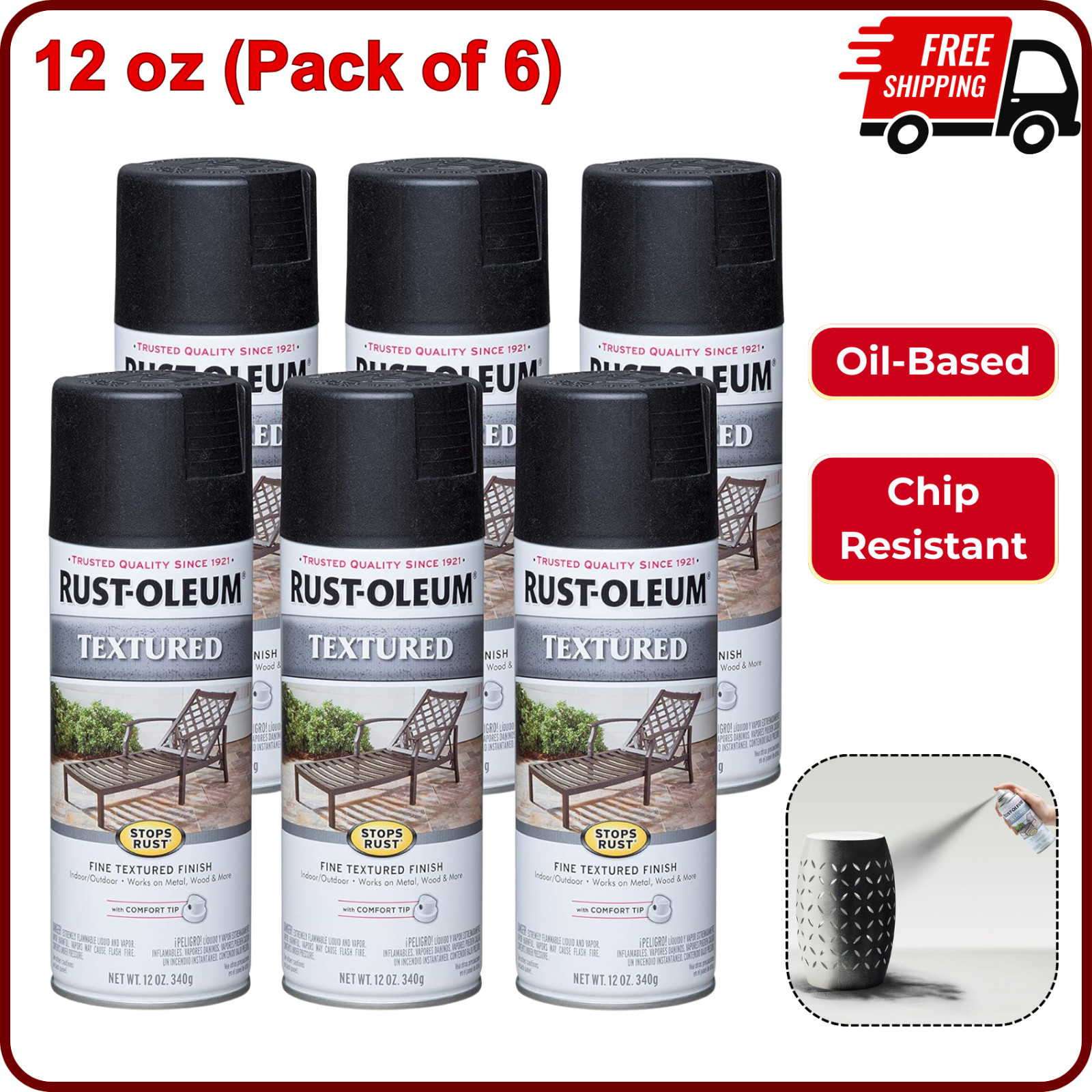 Rust-Oleum 7220830-6PK Stops Rust Textured Spray Paint, Black, 12 oz - 6 Pack