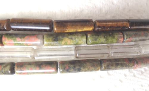 stone tube 4x13mm 16 inch strand :crystal,rhyolite,tiger's eye,unakite