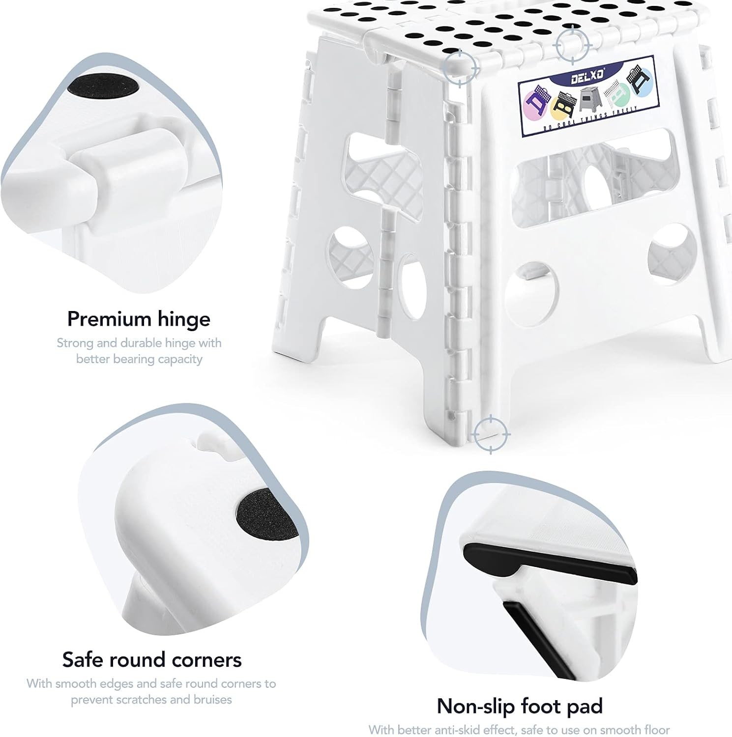 Delxo 13" Folding Step Stool for Kids and Adults, Non-Slip 13 Inch, White