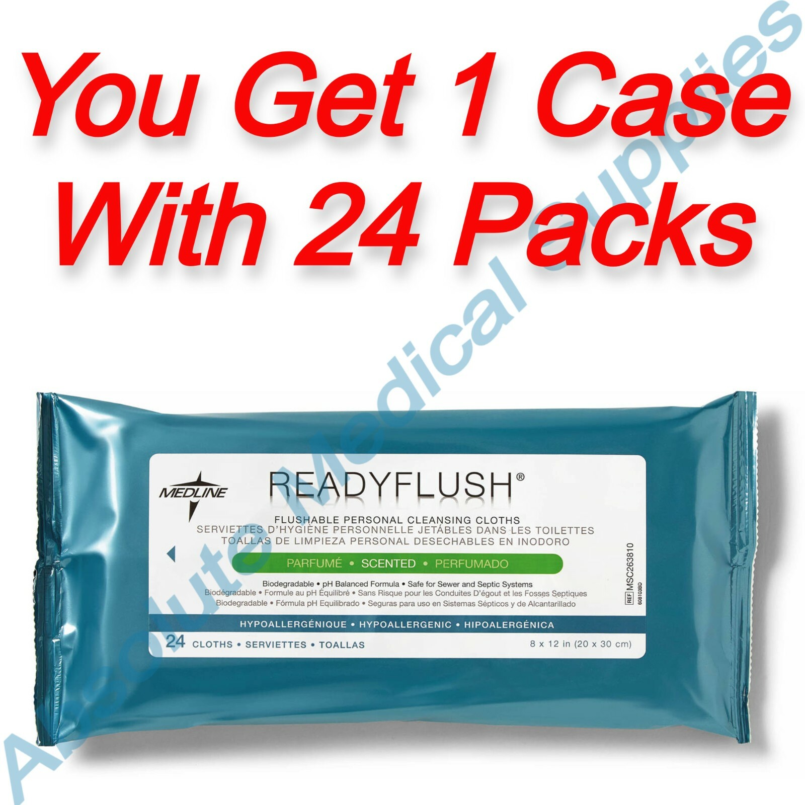*24-Pack* Medline ReadyFlush Flushable Personal Cleansing Cloths Wipes MSC263810