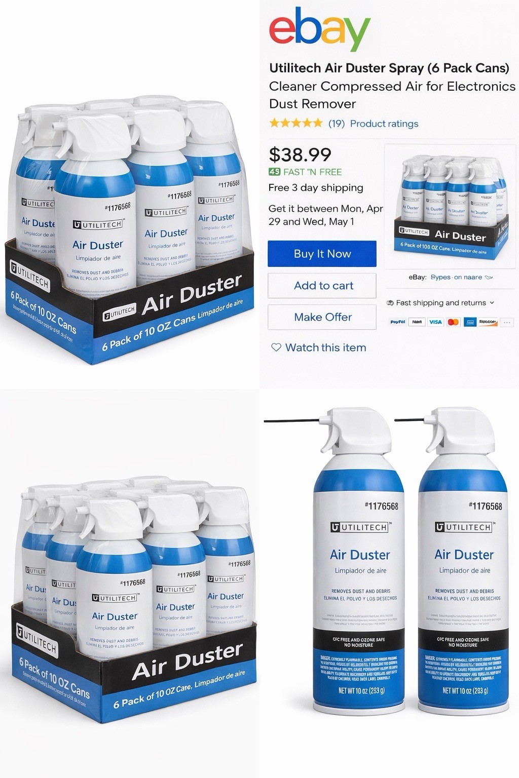 Utilitech Air Duster 10oz (6 Pack) Compressed Air For Electronics Cleaning