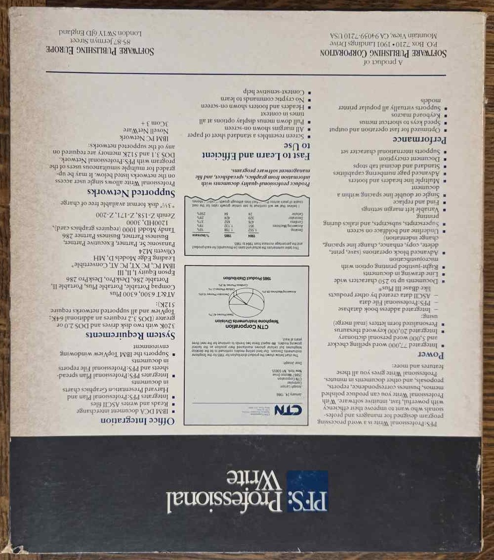1986 SPC word processing software PFS: Professional Write 1.0 w/ original disks