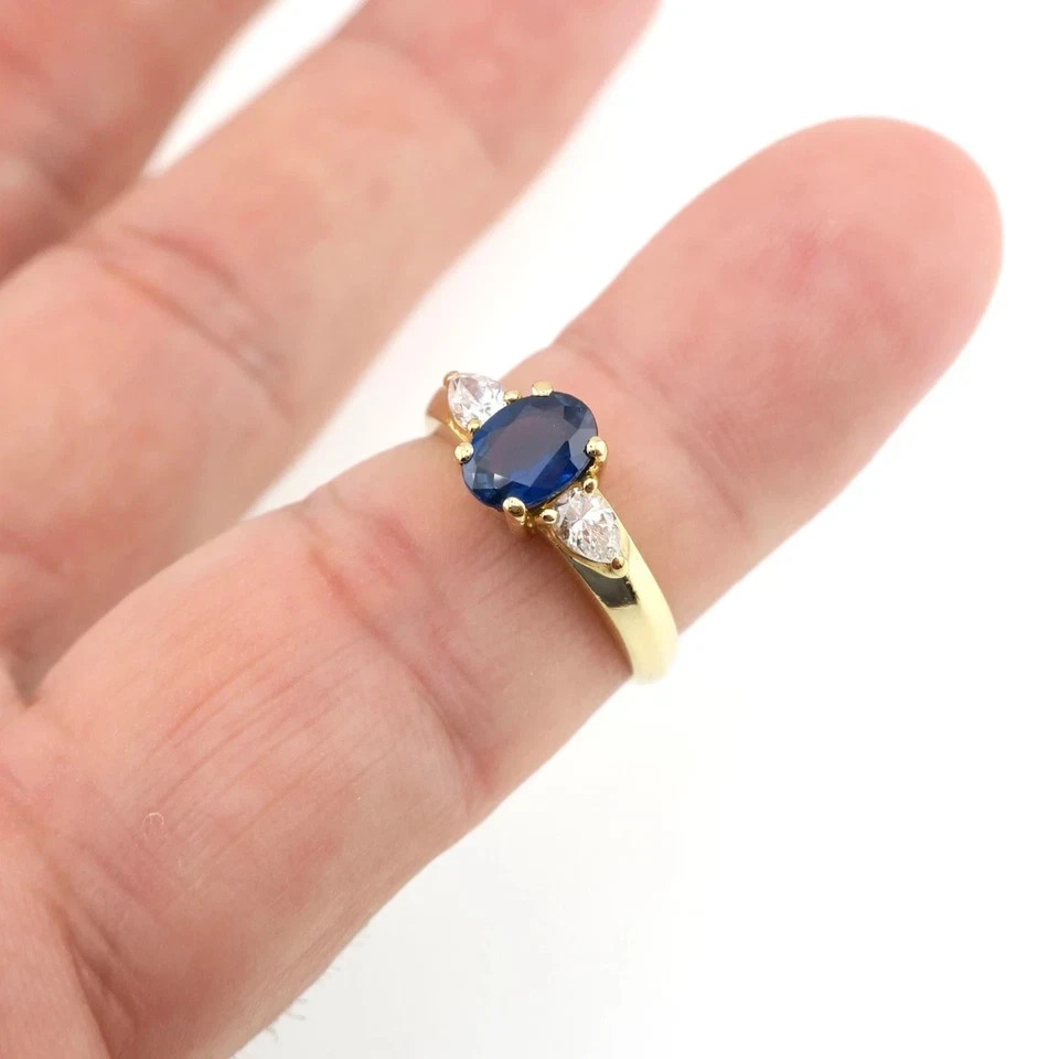 Classic 14k Solid Yellow Gold 1ct Natural Blue Sapphire & Diamond Ring Size 6