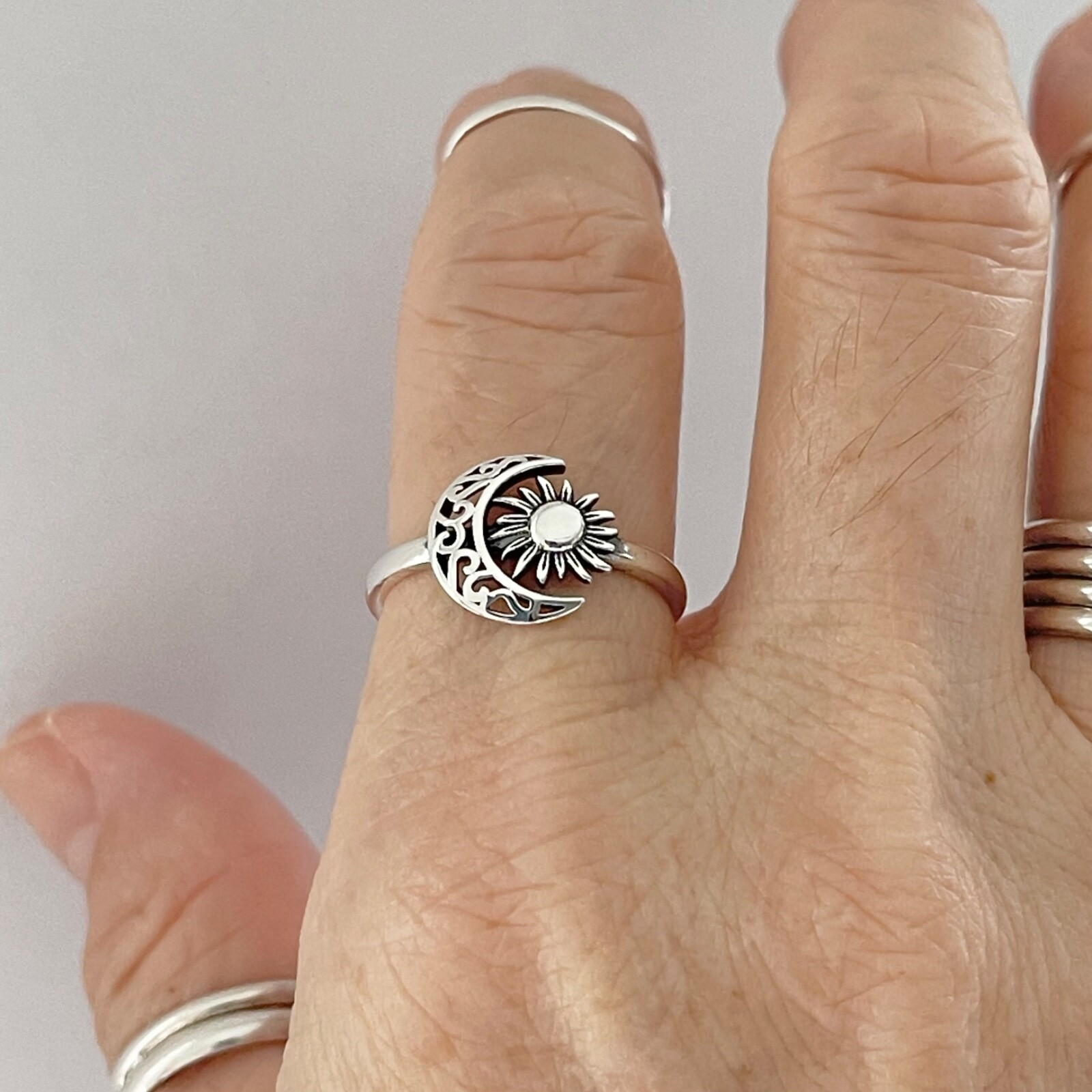 Sterling Silver Filigree Moon Face and Sun Ring, Celestial Silver Rings