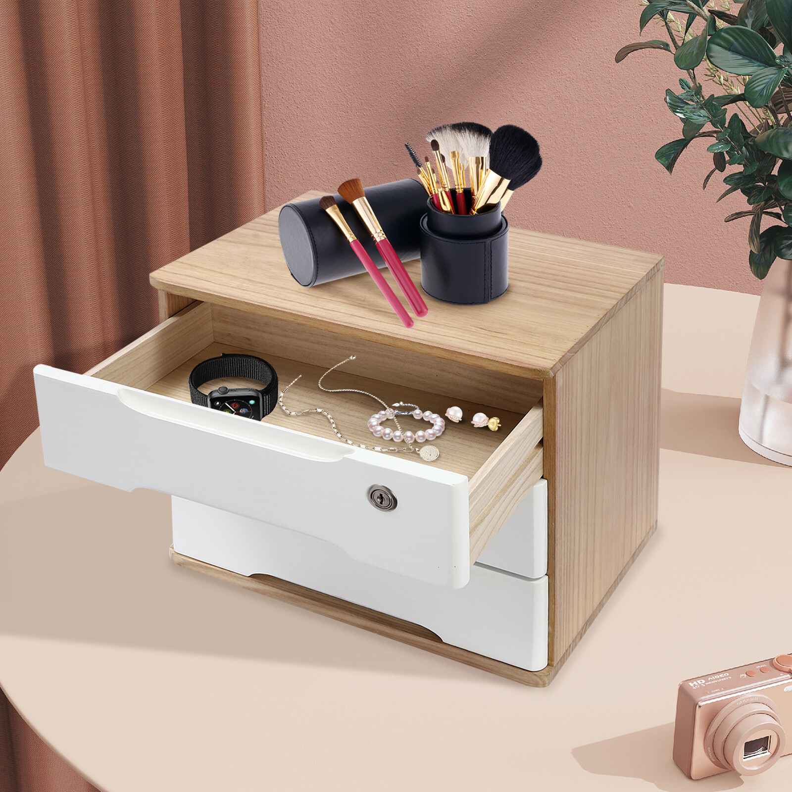 3-Tier Wooden Desktop Organizer with Lock, 3 Drawer Desk Storage Box
