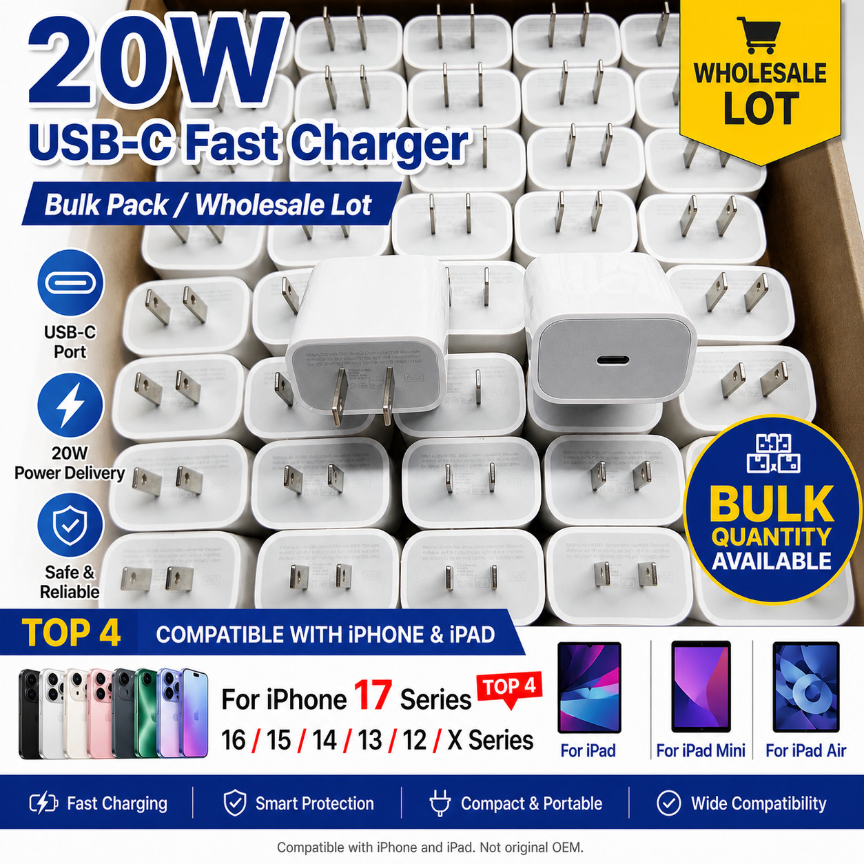 20W USB-C Fast Charger PD Wall Adapter Lot For iPhone 17 16 15 14 13 12 iPad