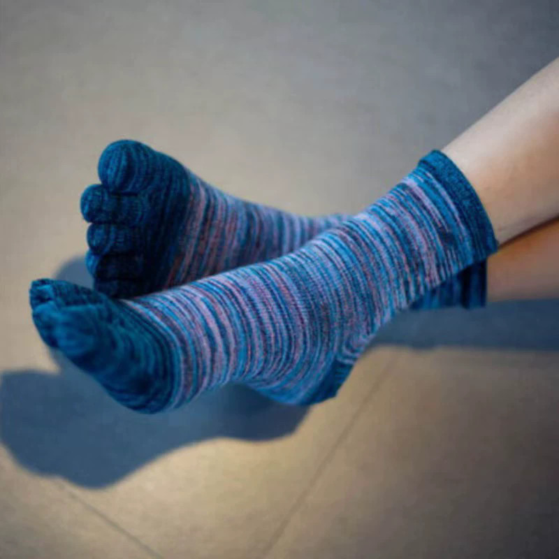 5Pack Men Crew Five Finger Toe Striped Design Solid Sport Calf Cotton Work Socks