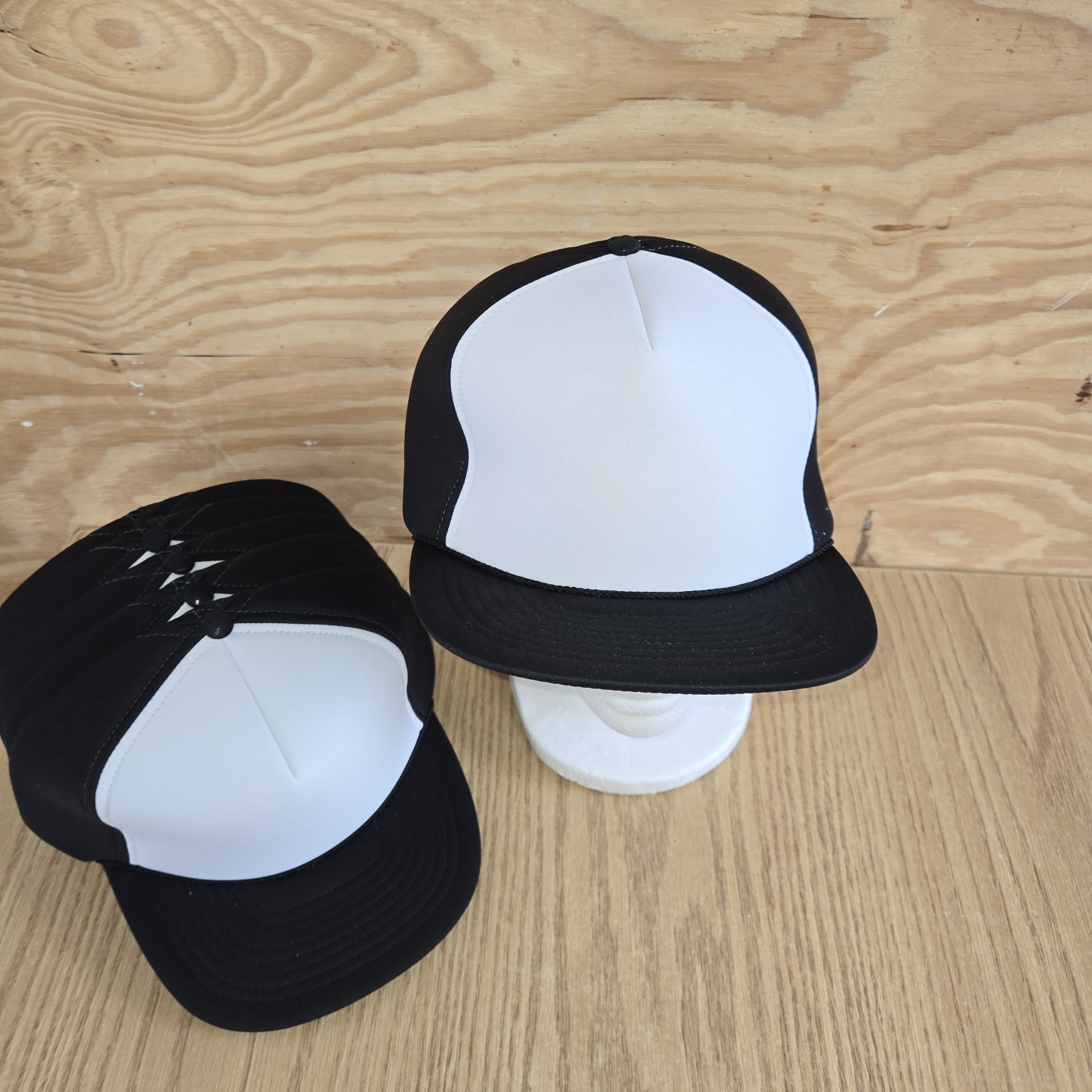 Vintage Blank Nissin Black White Foam Trucker Hat NOS Adj Snapback 1 Per
