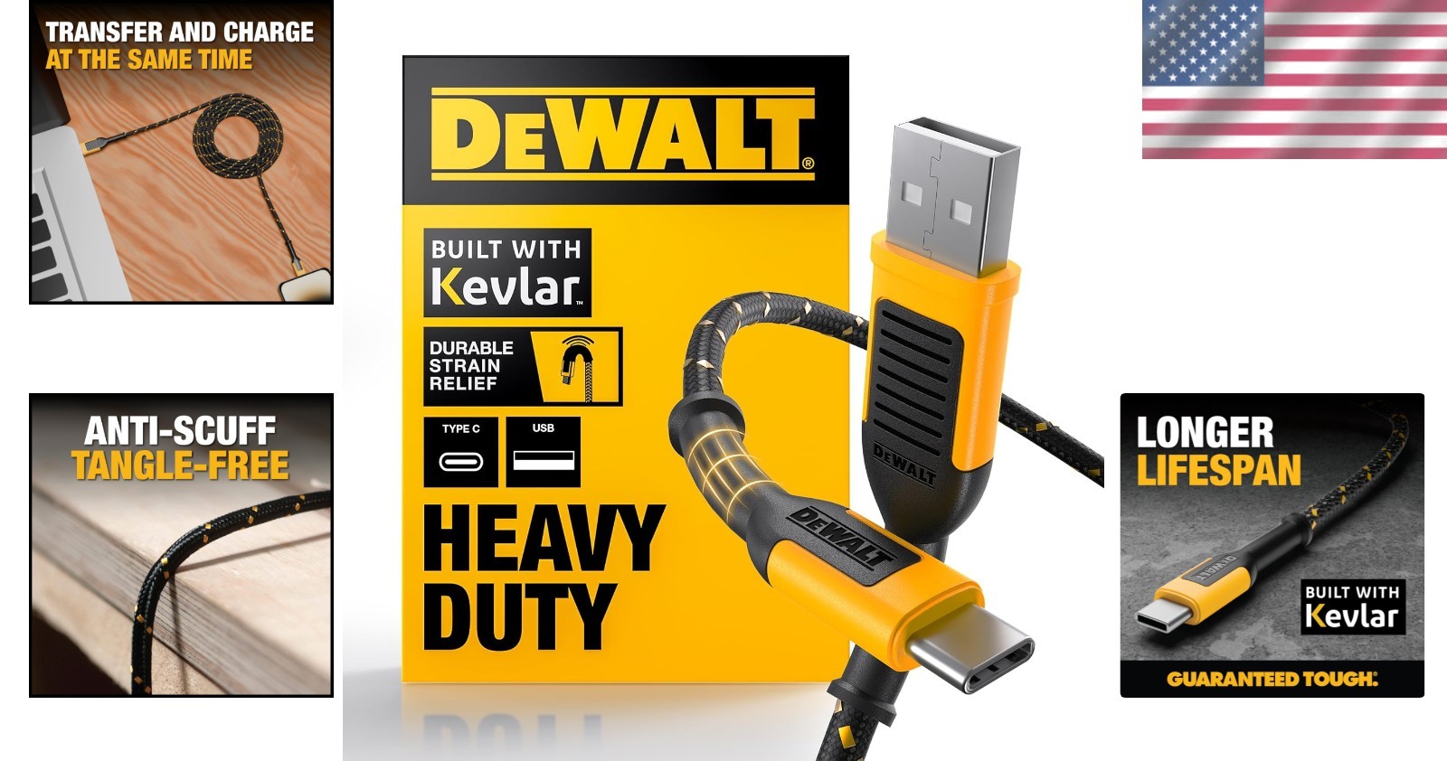 DEWALT USB C Cable, Braided Nylon USB a to Type C Charger Cable Fast Cha