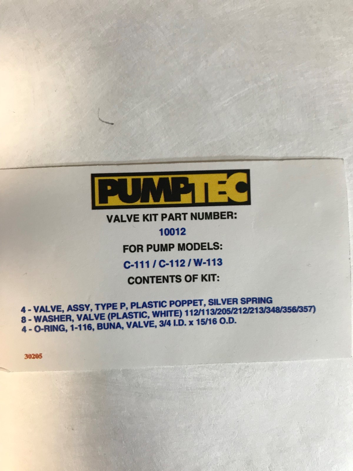 PUMPTEC Valve kit, P/N 10012 (C-111/ C-112/ W-113)