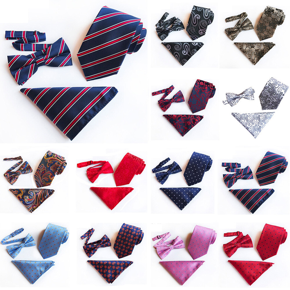 Mens Paisley Flower Polka Dots Bow Tie Necktie Pocket Square Hanky Set HZ302