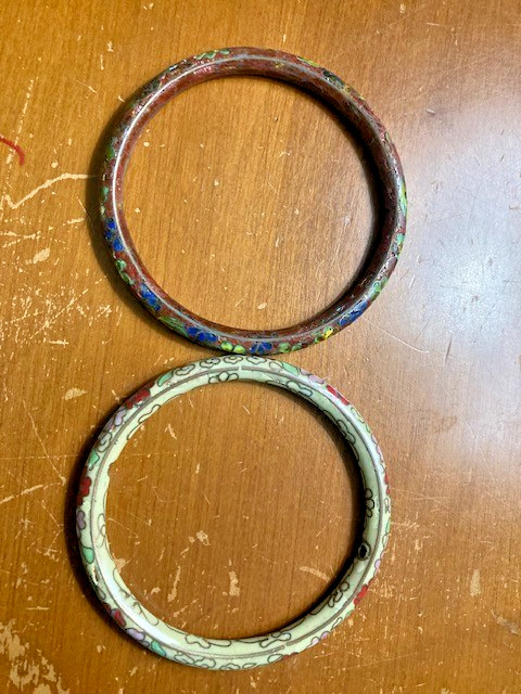 Vintage 3" diameter metal cloisonne bracelet set of 2 cream ground, brown ground