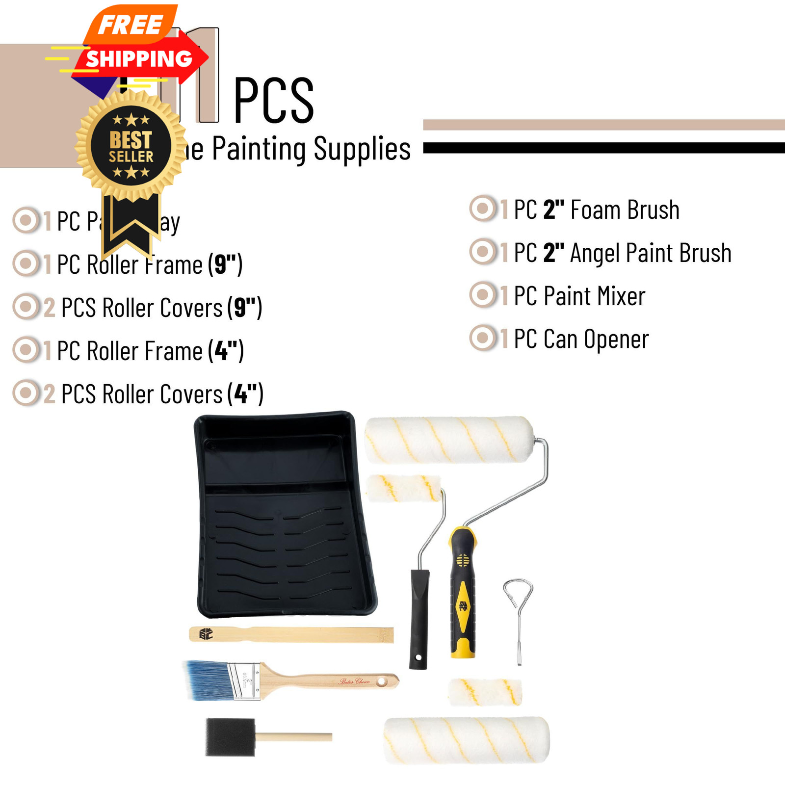 Bates - Paint Tray Set, Rollers, 9 Inch, Black/Yellow Handle