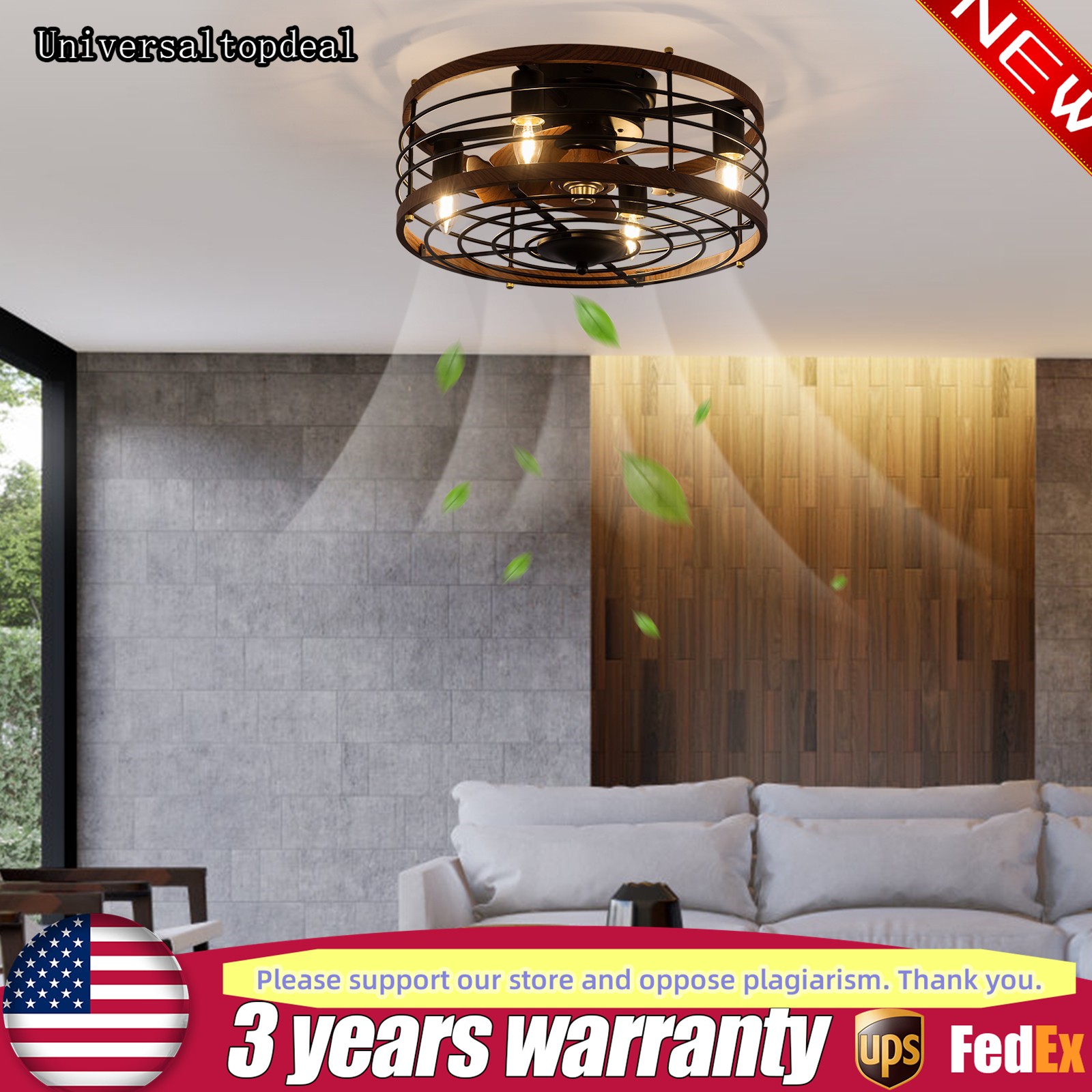 Farmhouse Ceiling Fan Light Flush Mount Caged Lights kit With Remote Control