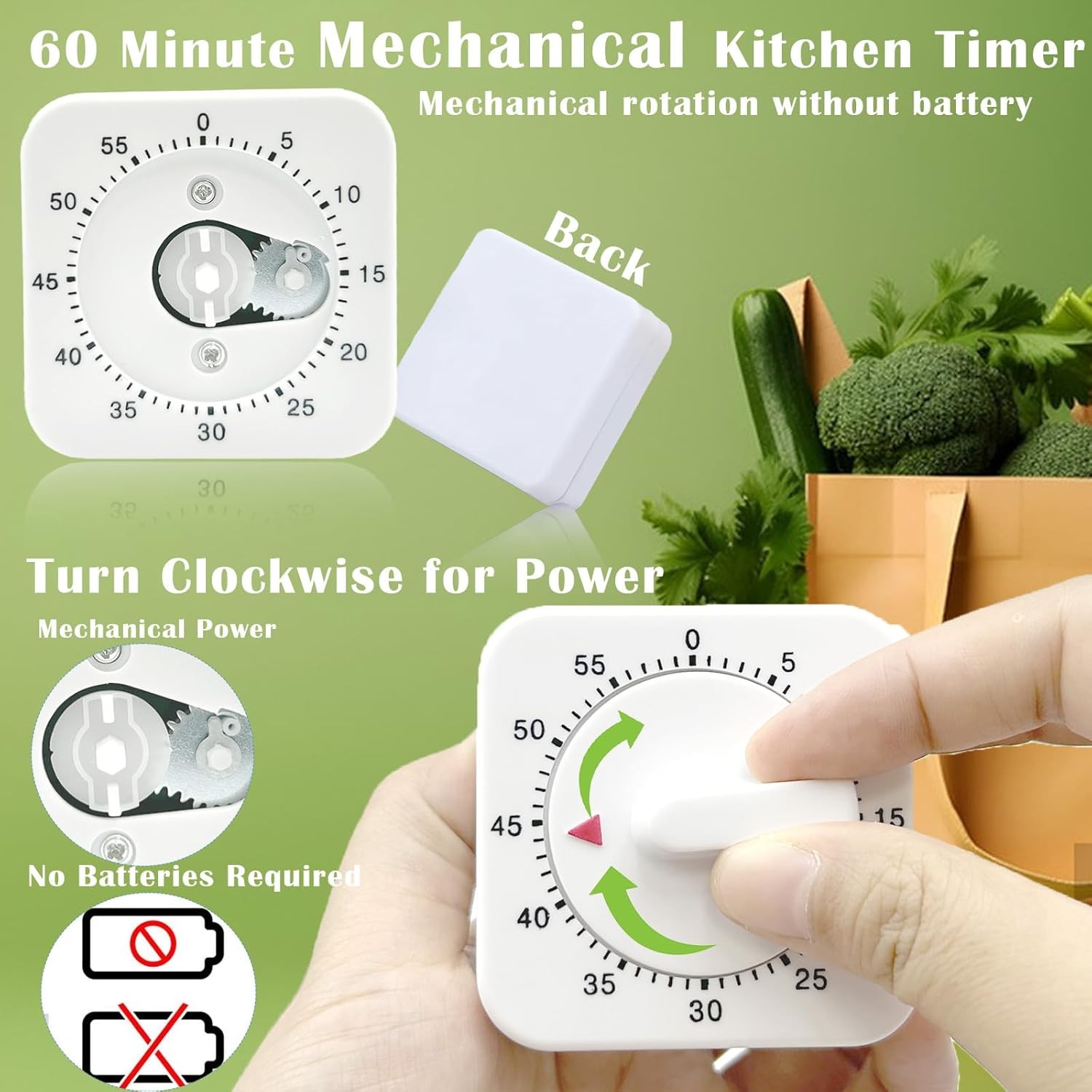 1/2 PACK Square 60 Minute Mechanical Kitchen Timer, Visual Kitchen Cooking Timer