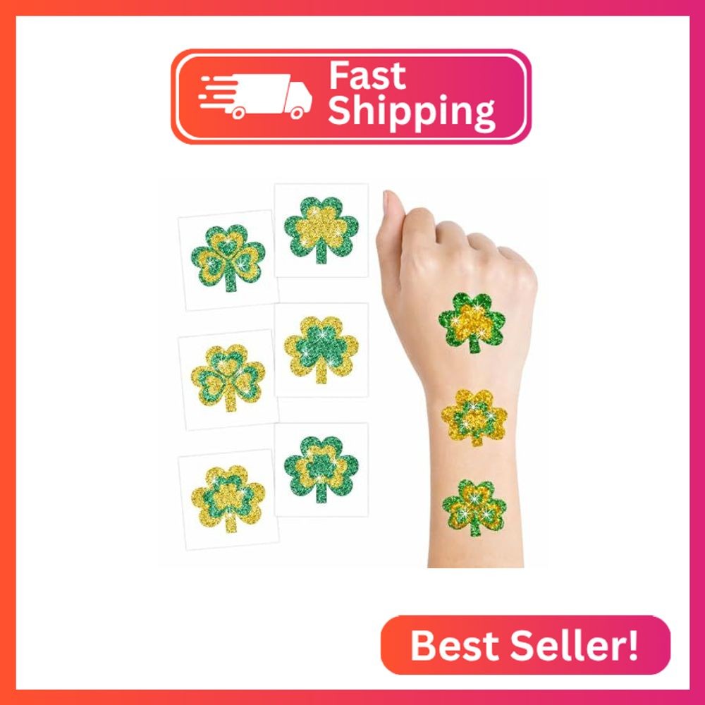 Glitter Shamrock Tempory Tattoos Individually Wrapped Bulk, 24 Pack St Patricks