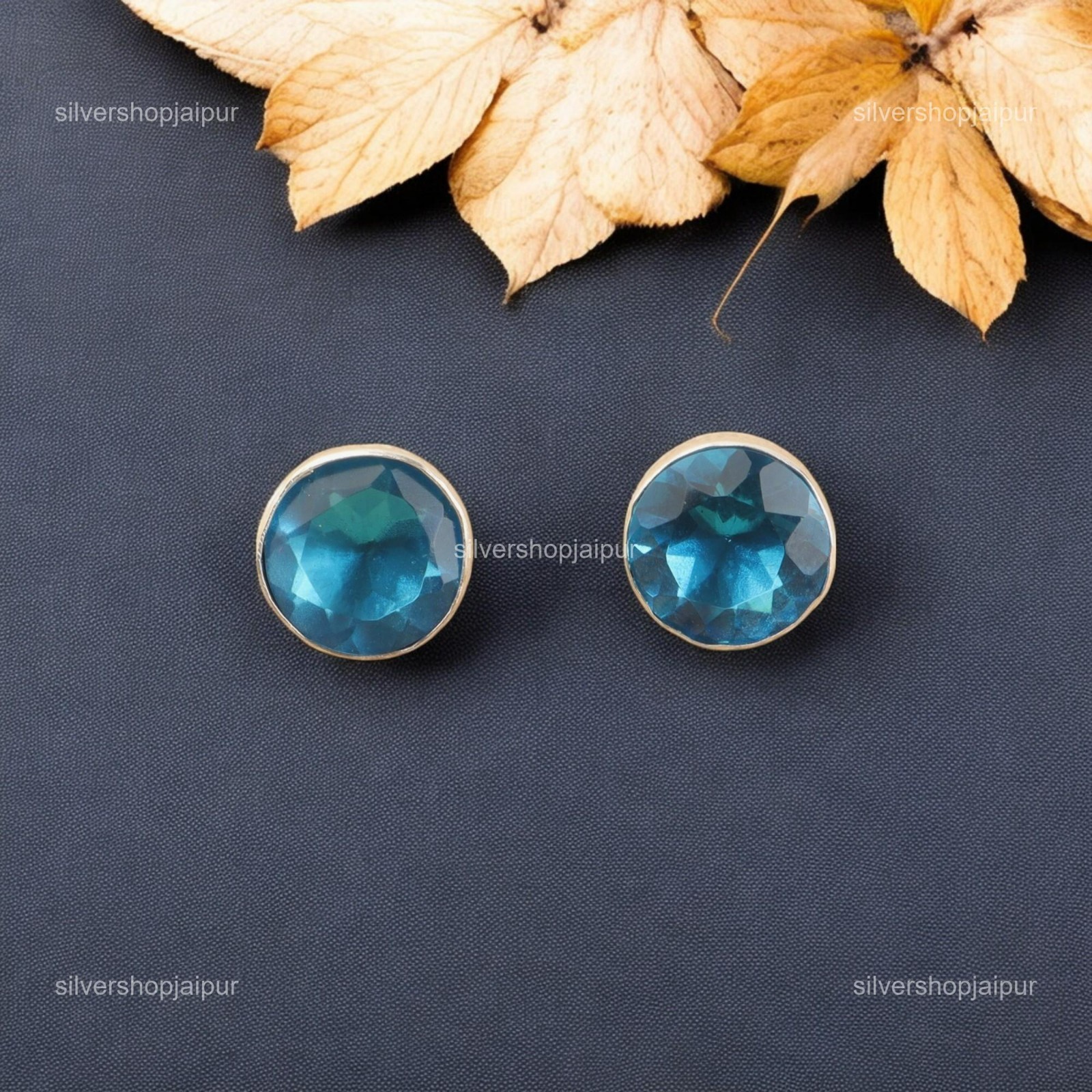 925 Solid Silver Natural Swiss Blue Topaz Sister Stud Birthday Earrings Jewelry