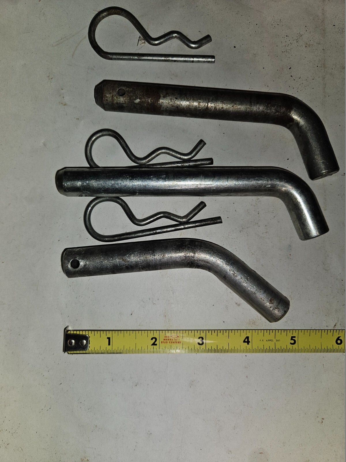 Set of 3, 5/8" Towing Hitch Pins w/clips, 3"-4"-5" long, 2 steel, 1 Aluminum