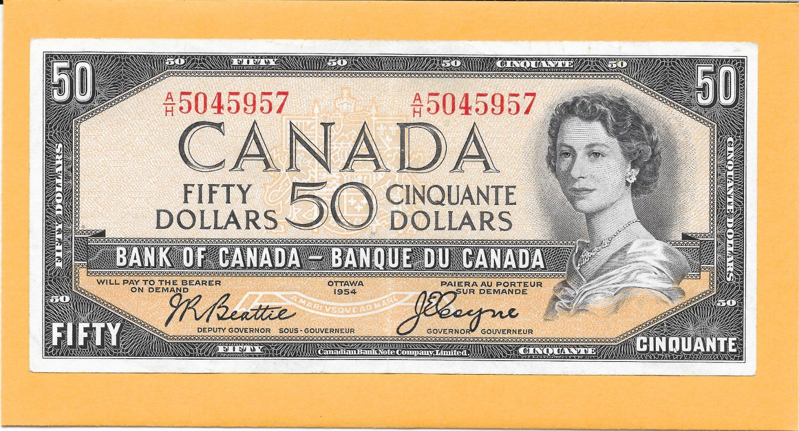 1954 CANADIAN 50 DOLLAR BILL A/H5045957 VERY NICE CRISP (CIRCULATED)