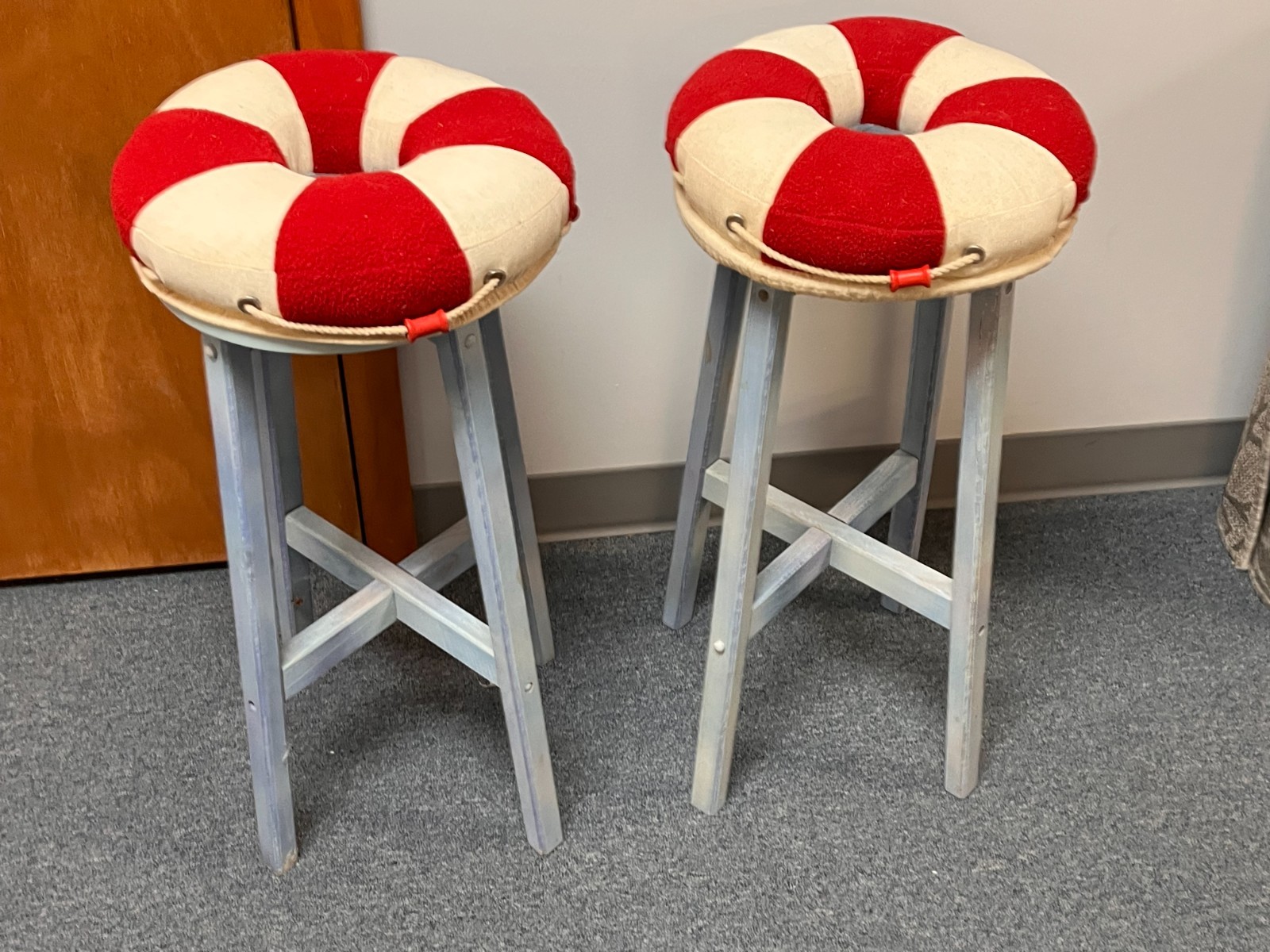 2 Lifesaver Ring Removable Padded Seat Wood Stools - 27" high with Padded Seat