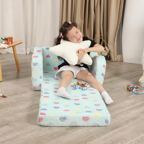 2-in-1 Toddler Couch & Lounger, Soft Foldable Sofa with Star Pillow, Colorful He