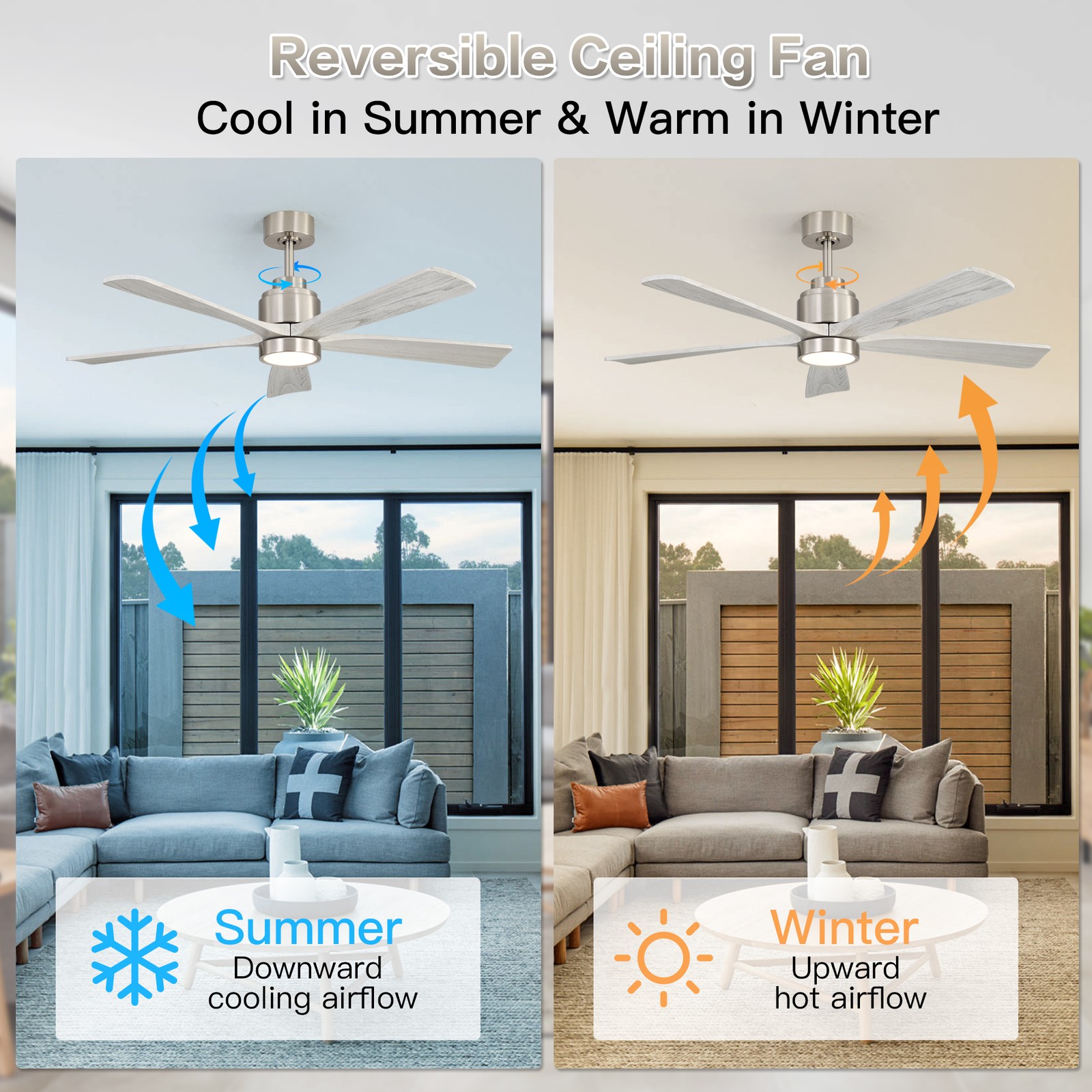 52"Ultra Quiet Reversible Ceiling Fan with Light - Dimmable LED,Memory Timer