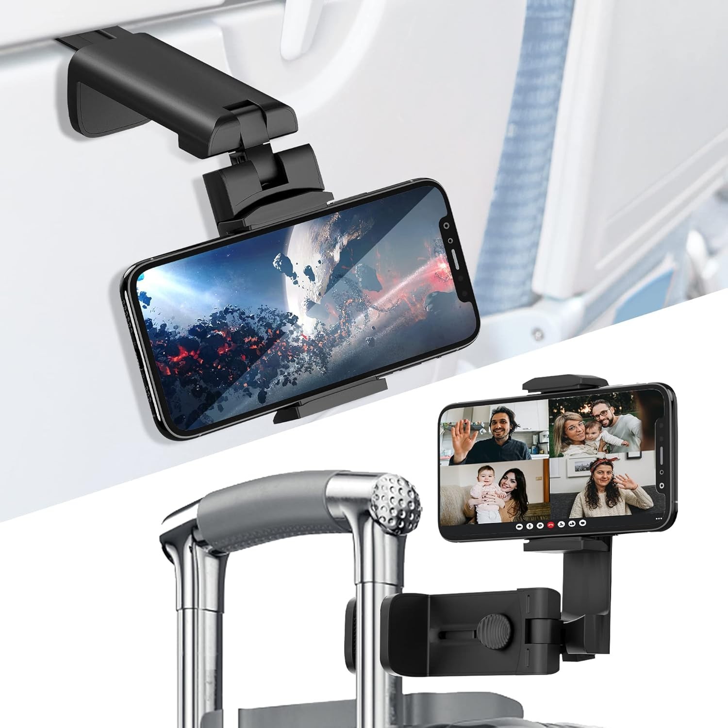 Universal Airplane Phone Holder 360° Rotating Travel Desk Tray Clip Mount Black