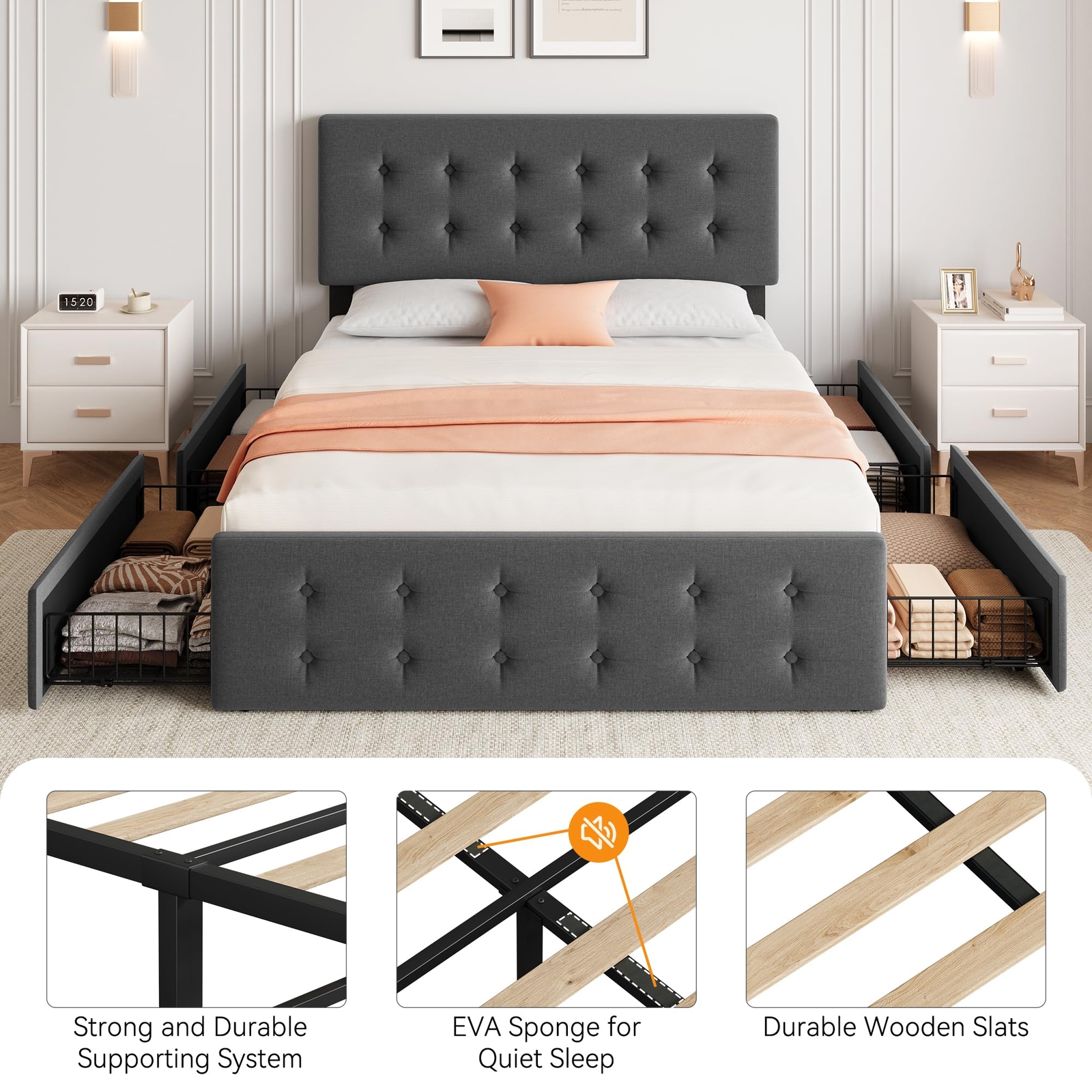 Full Size Bed Frame with Upholstered Storage Headboard with 4 Storage Drawers