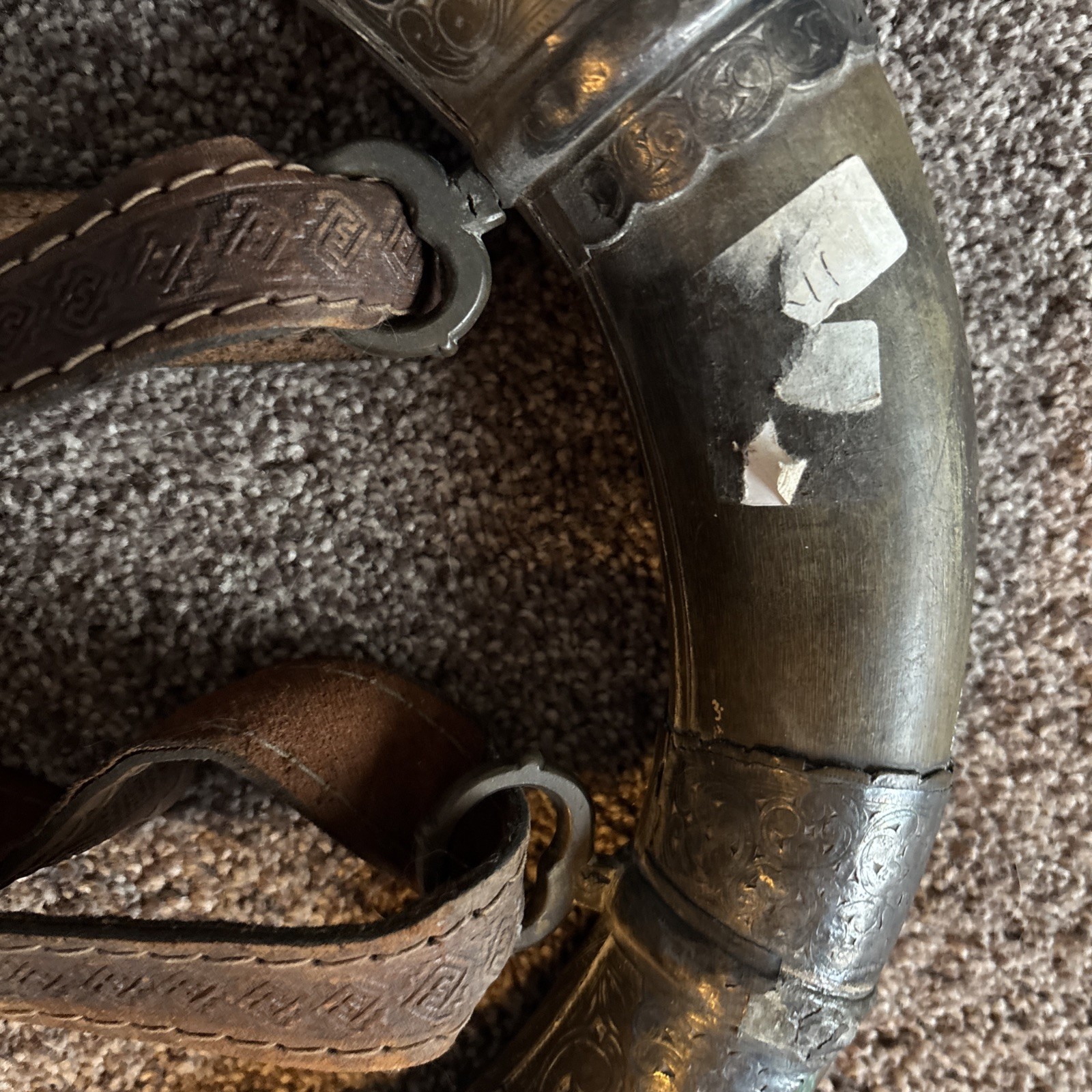 Vtg 12” Moroccan Wood POWDER HORN w/Brass Fittings & Leather Strap, Intricate