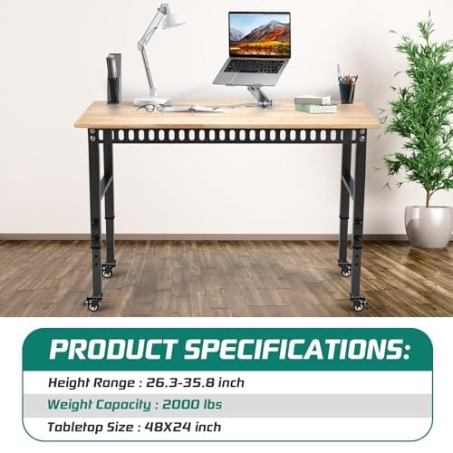 48" Adjustable Heavy Duty Workbench with Metal Wheels - 2000 lbs Capacity for Ga