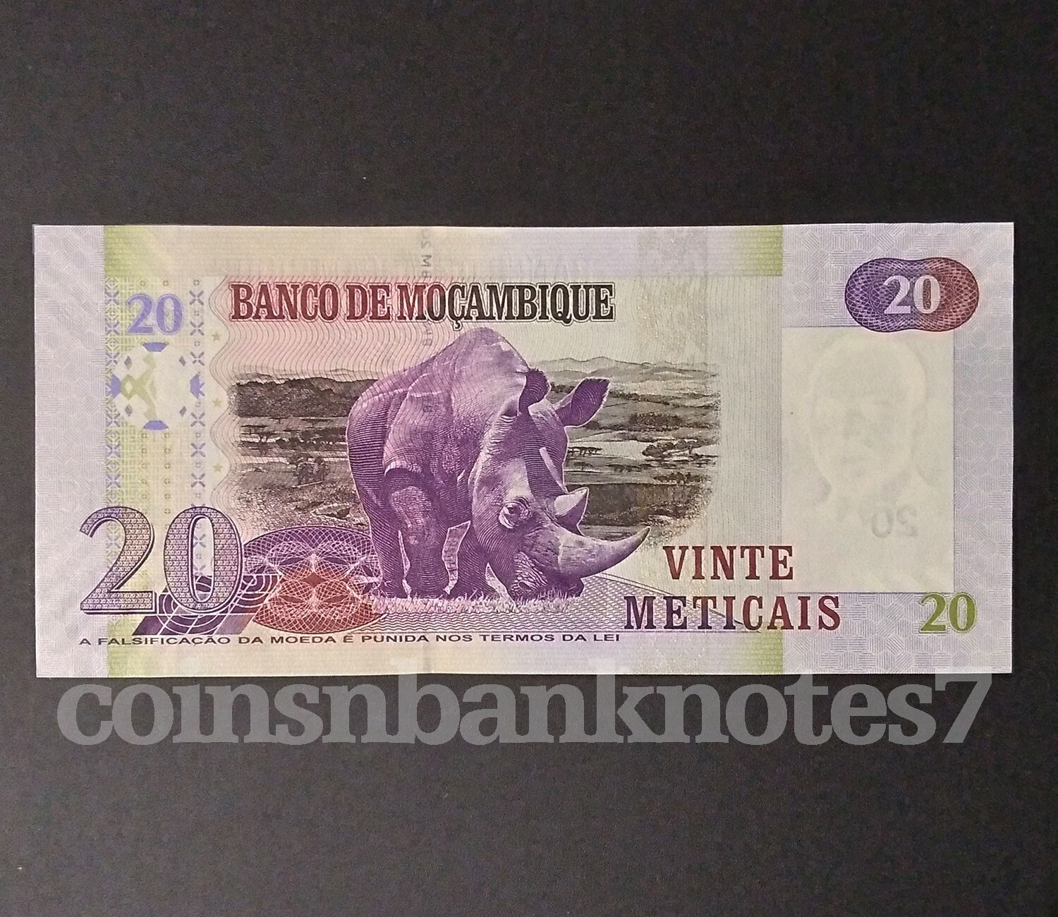 2006 Mozambique 20 Meticais Banknote, P143 Uncirculated / Rhinoceros