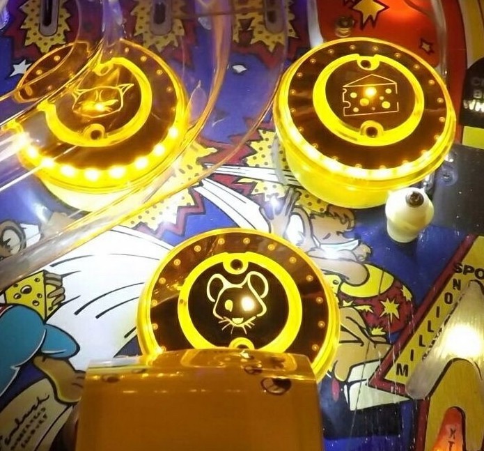 MOUSIN' AROUND CHROME PINBALL POP BUMPER DECALS from METAL-MODS CHROME CAPS