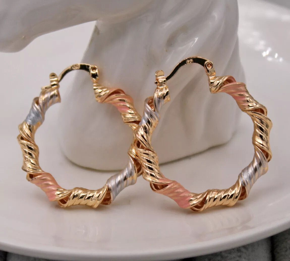 Pretty 18K Yellow Gold Filled Enamel Tri-Color Twist 1.25" Round Hoop Earrings