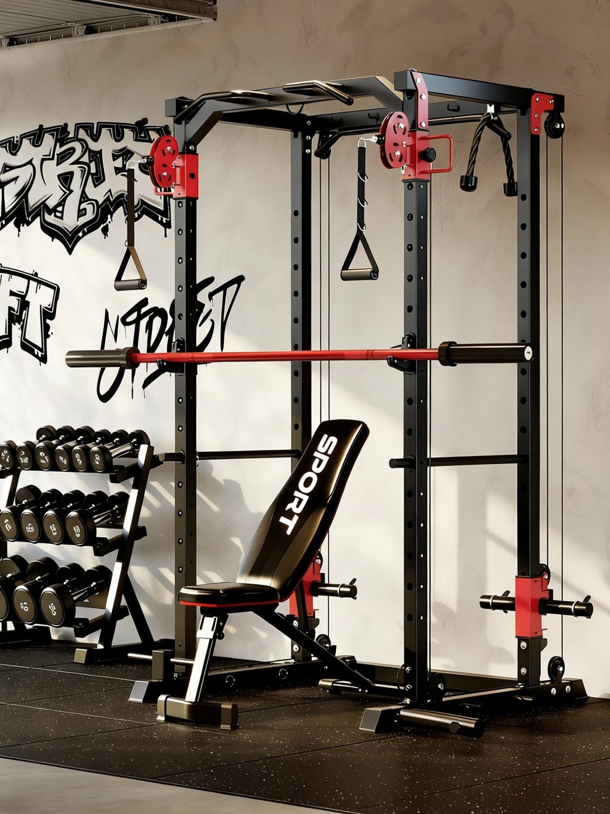 Power Cage Power Rack with LAT Pull Down & Cable Crossover Workout for Home Gym