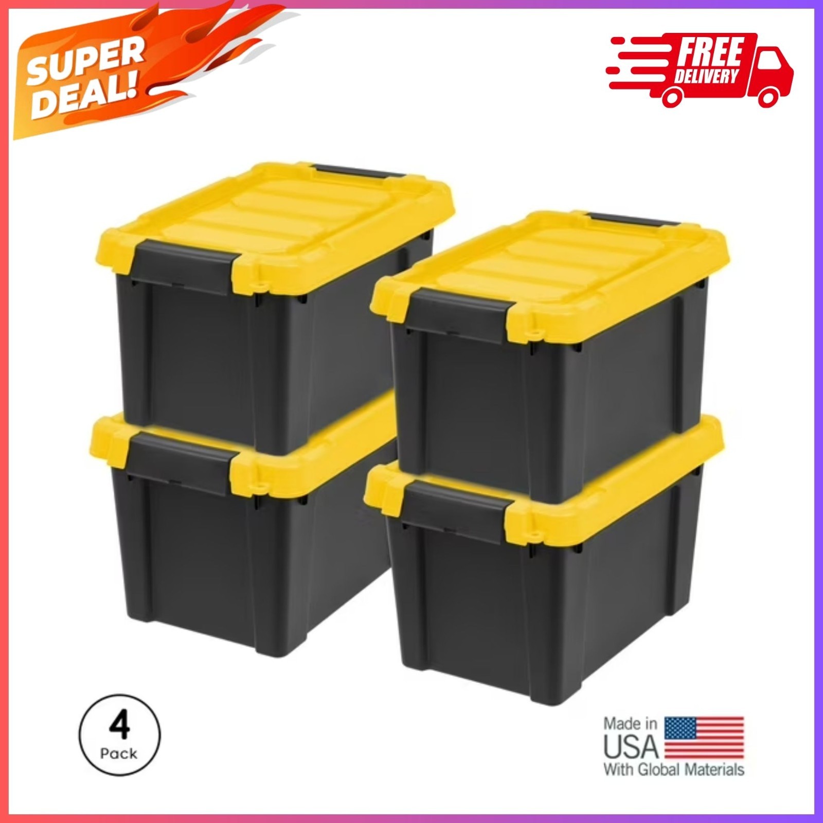 IRIS 5 Gallon Black Plastic Latching Storage Bin with Lid Tote, 4-Pack
