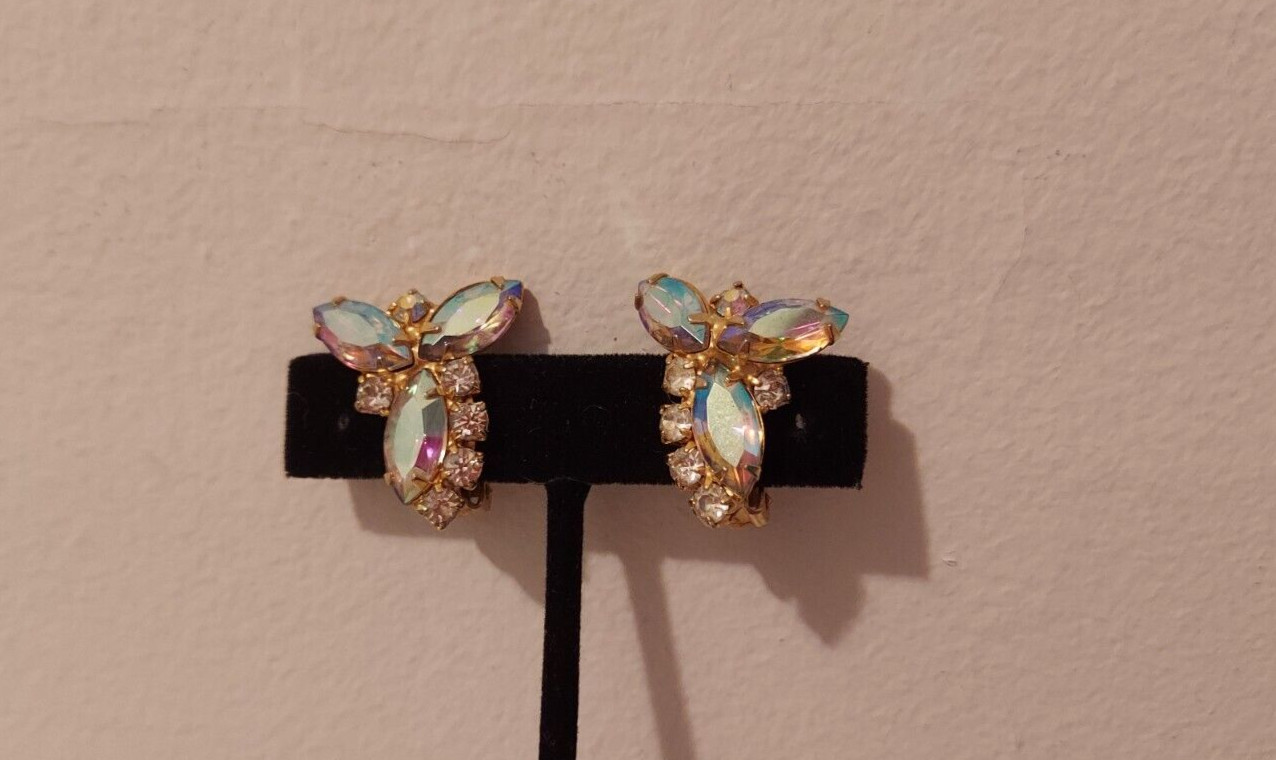vintage AB rhinestone navette prong set clip earrings 1"