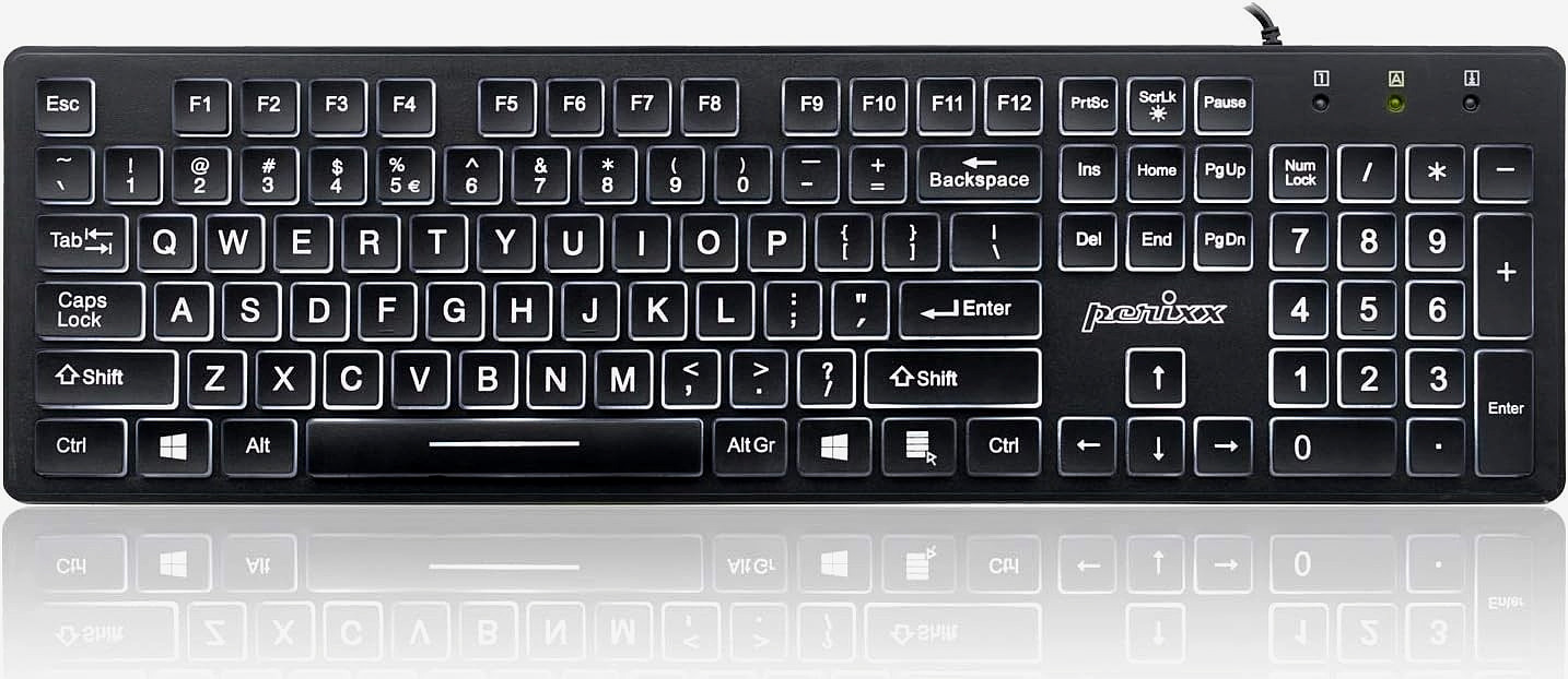 Perixx PERIBOARD-317 Wired Backlit USB Keyboard, Big Print Letter with White Ill