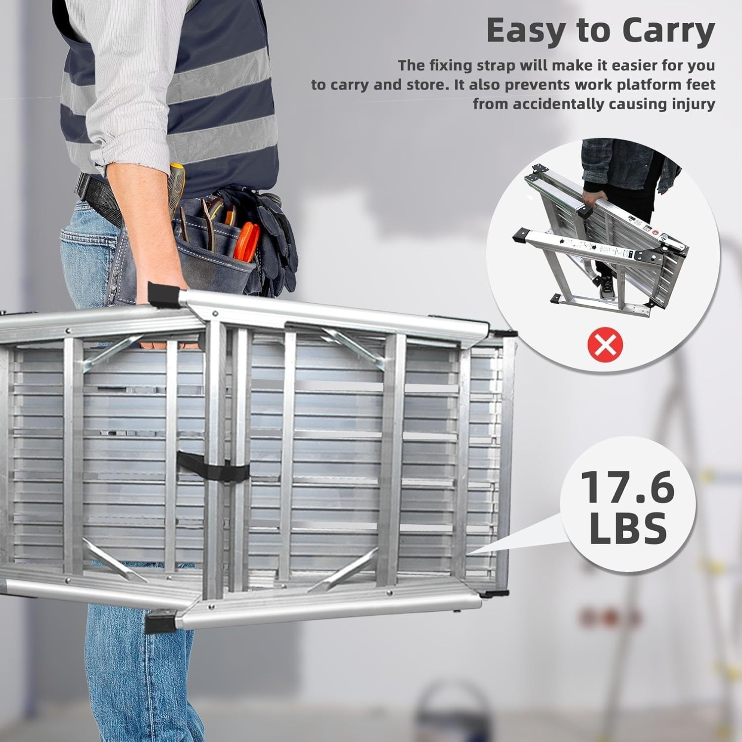 Adjustable Work Platform 39.4x18.5" Portable Folding AL Step Ladder Scaffolding